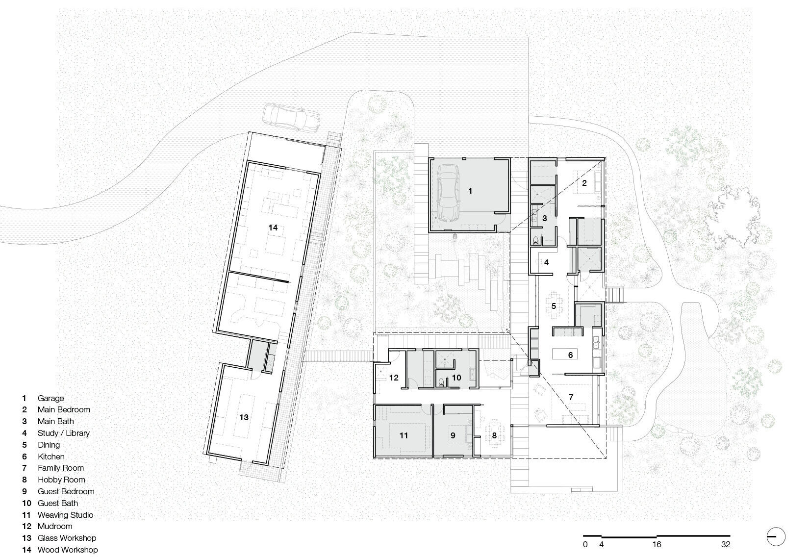 Architectural drawings for a home that features ponds, pathways, and modern design.