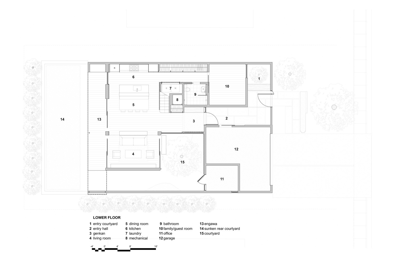 Stepped massing, courtyard positioning, and the integration of sustainable systems are evident in the architectural plans. These drawings reflect a home carefully considered for site, climate, and family needs.