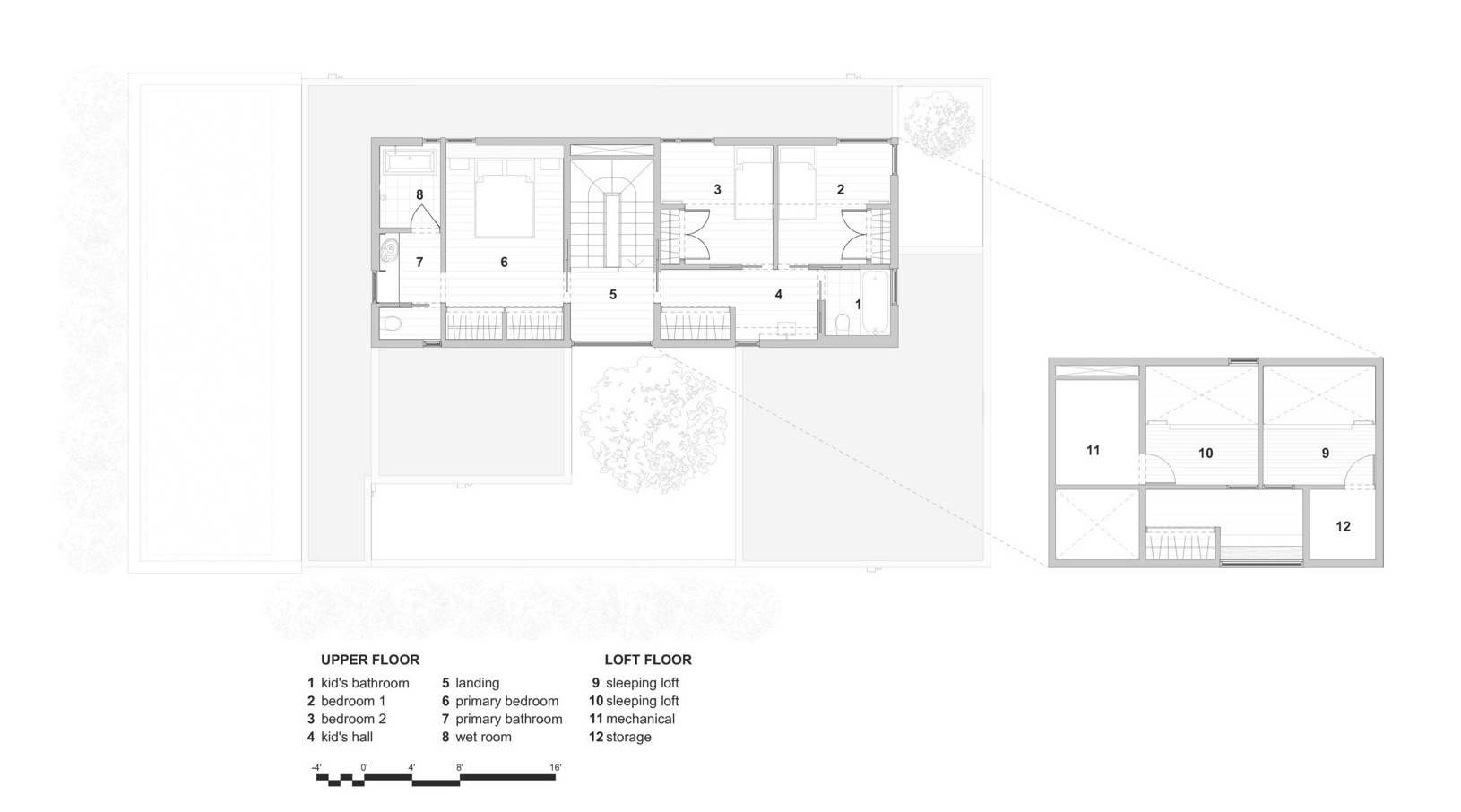 Stepped massing, courtyard positioning, and the integration of sustainable systems are evident in the architectural plans. These drawings reflect a home carefully considered for site, climate, and family needs.