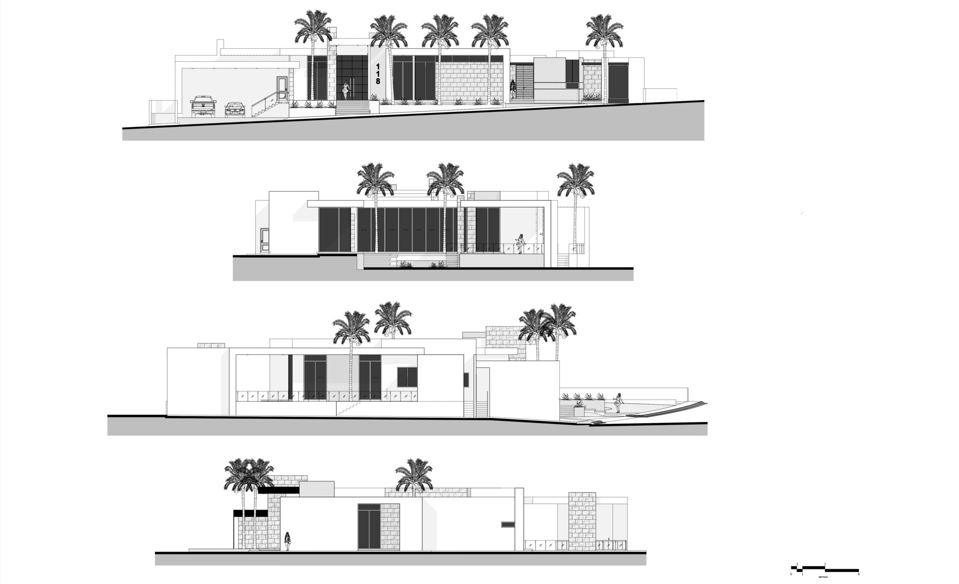 The architectural drawings reveal the home’s quiet precision, stepped levels following the hillside, a courtyard breathing at the center, and open spans framing the desert beyond.