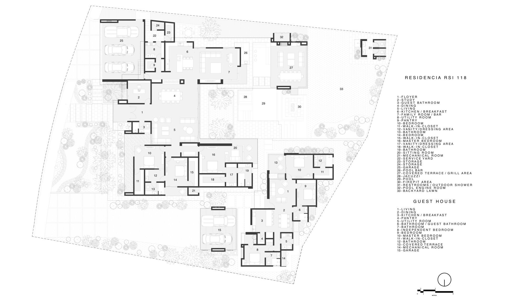 The architectural drawings reveal the home’s quiet precision, stepped levels following the hillside, a courtyard breathing at the center, and open spans framing the desert beyond.