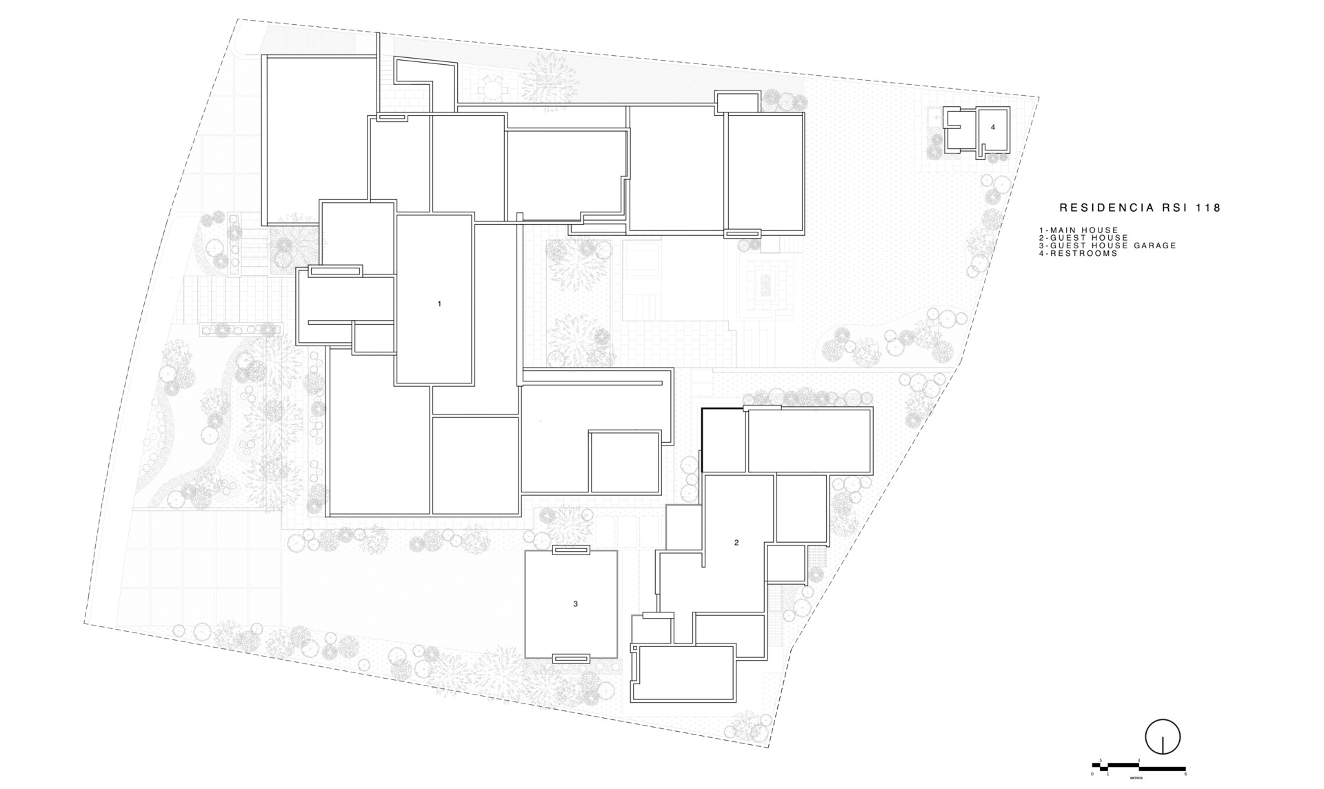 The architectural drawings reveal the home’s quiet precision, stepped levels following the hillside, a courtyard breathing at the center, and open spans framing the desert beyond.