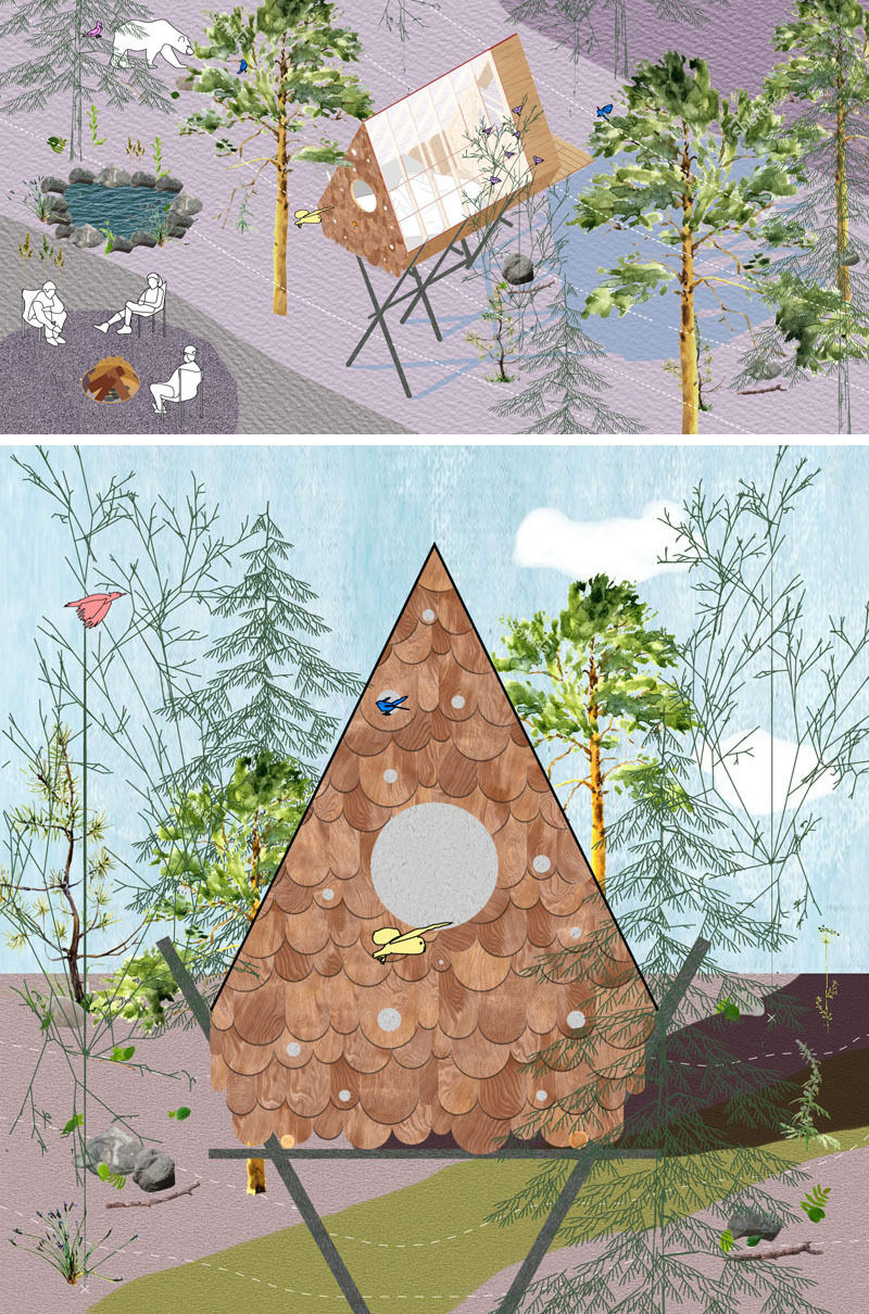 A tiny treehouse in the forests of Canada that’s also home to local birds. Designed by Studio North, the Birdhut blends into the canopy with its whimsical design, reclaimed materials, and built-in birdhouses that let humans and wildlife share the same space.