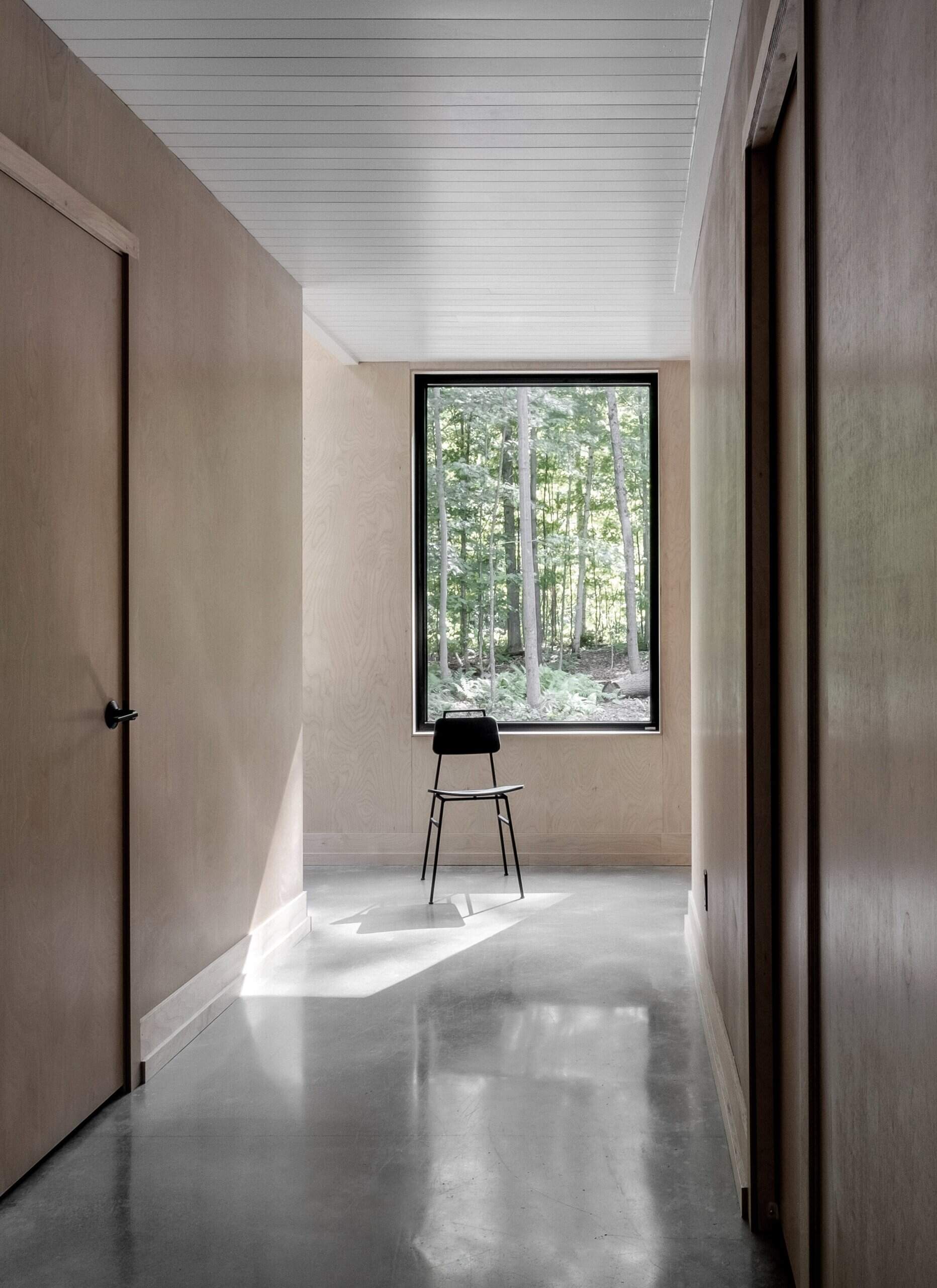 Windows line the hallway, framing serene forest views and flooding the minimalist interior with soft natural light.