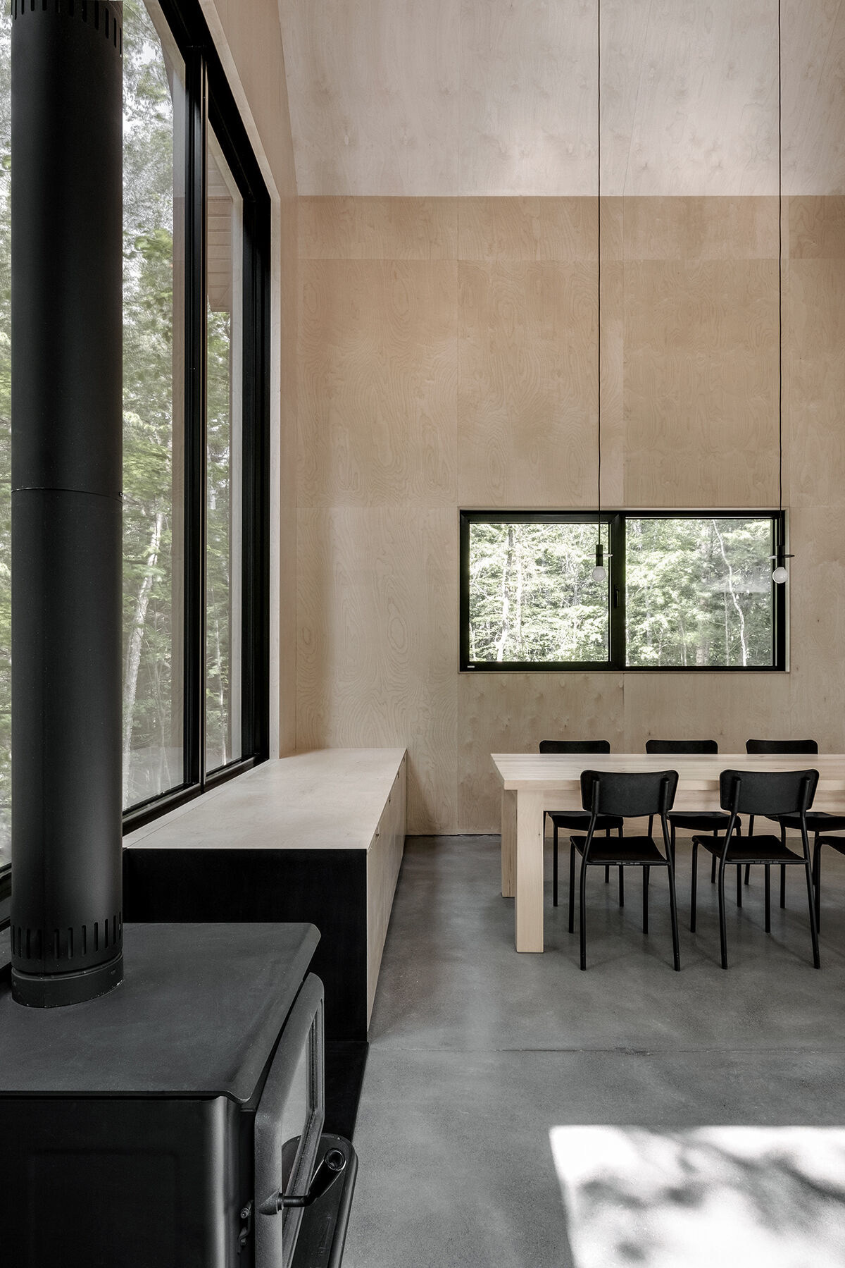 Warm wood tones, a sleek fireplace, and high vaulted ceilings make this open living space the heart of the modern forest cottage.