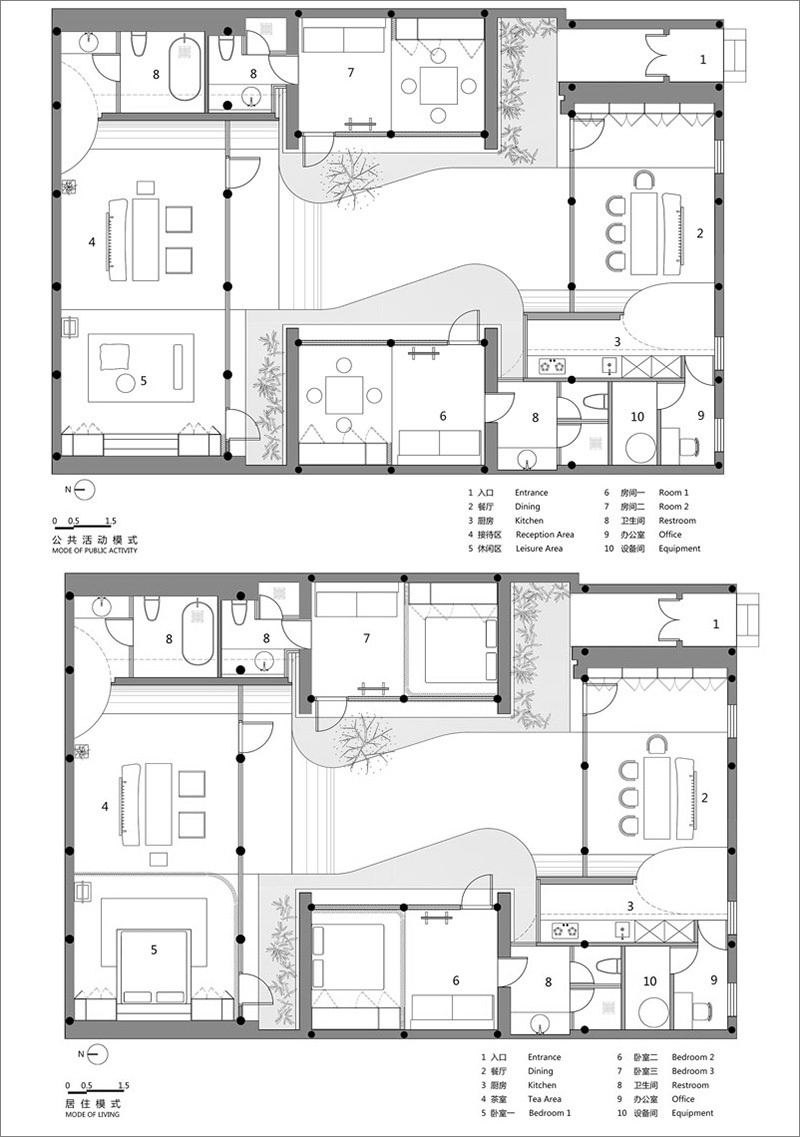 The layout shows how the courtyard accommodates both recreational public use and private residential needs.