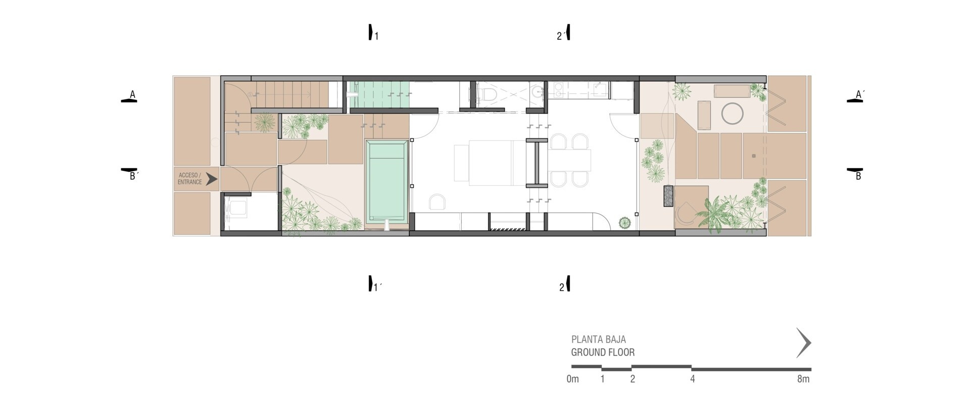 The project is arranged vertically, with a ground-floor unit, upper-floor unit, and a central circulation core.