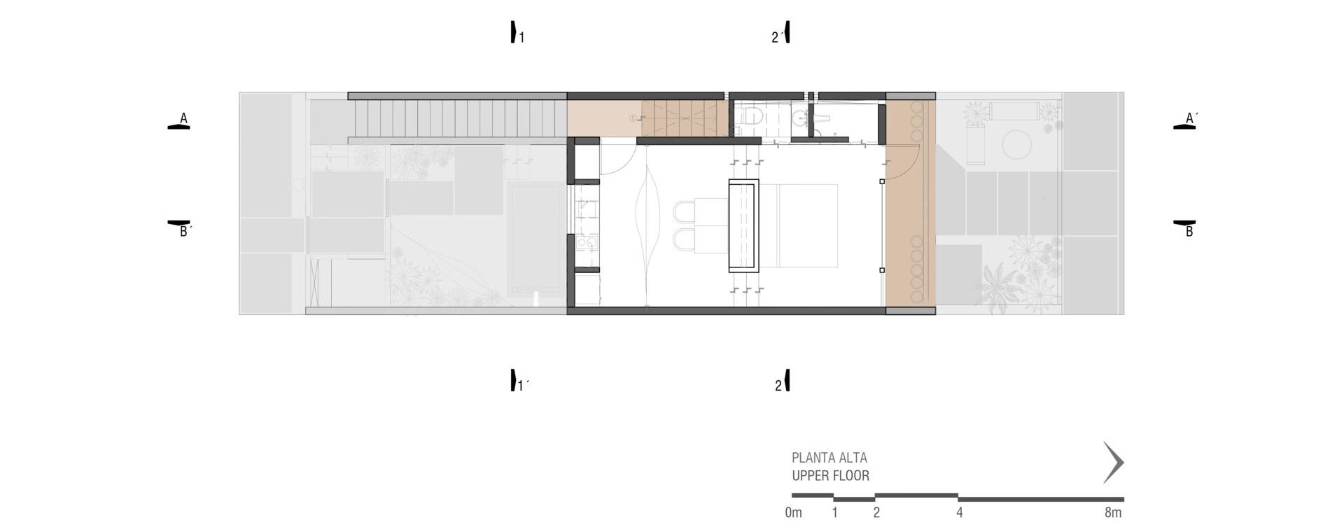 The project is arranged vertically, with a ground-floor unit, upper-floor unit, and a central circulation core.