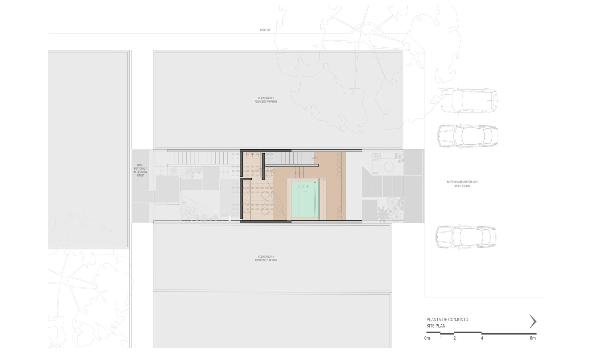 The project is arranged vertically, with a ground-floor unit, upper-floor unit, and a central circulation core.