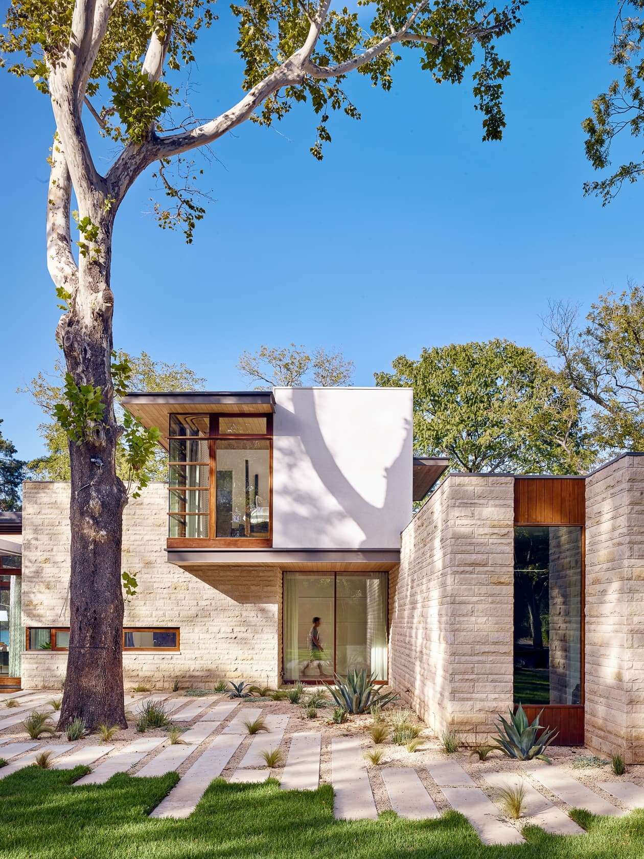 A landscaped garden of sycamore, cypress, and pecan trees surrounds the home, with stone and wood paths that echo the natural rhythm of the lakefront setting.