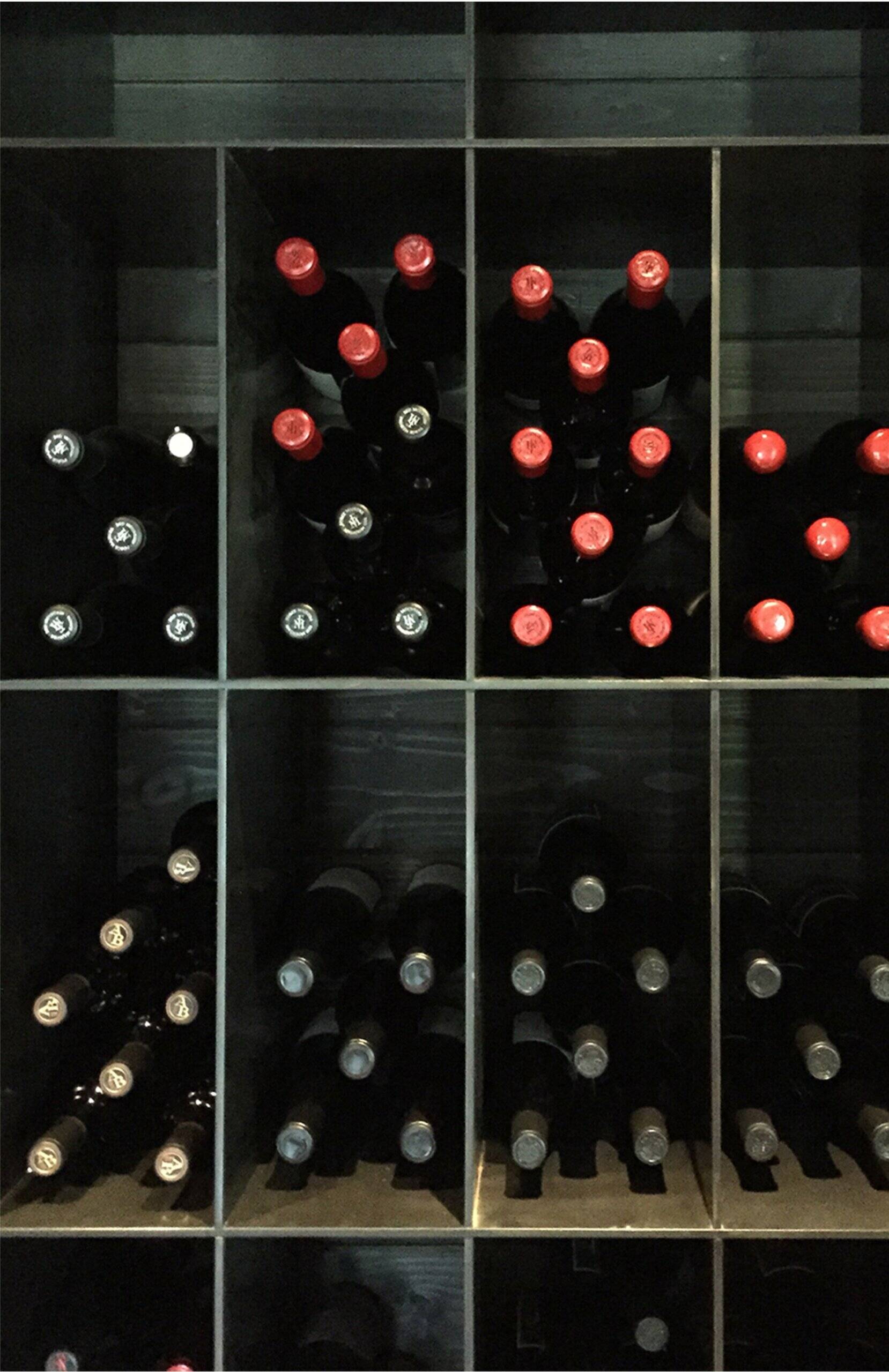 An exposed foundation wall leads to a small wine cellar and workshop, adding texture and character to the renovated lower level.
