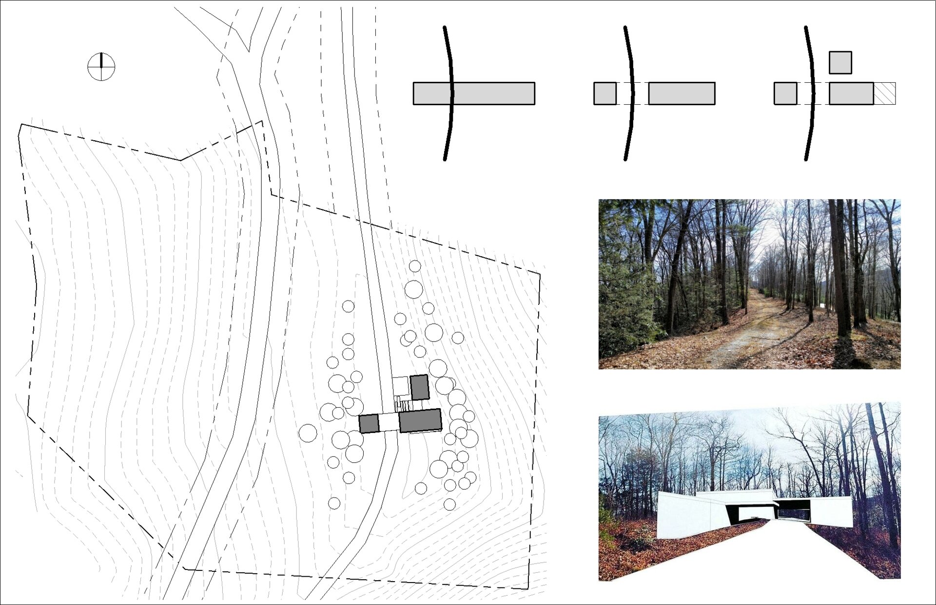 Architectural plan of a mountain-modern cabin showing two pavilions framing a central courtyard and mountain views.