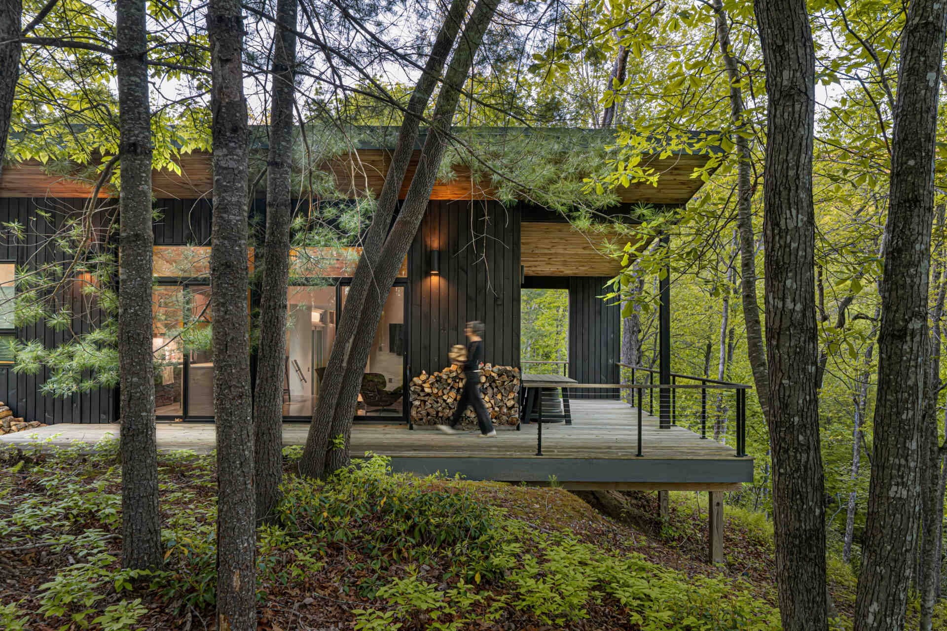A modern mountain cabin in Sapphire, NC, featuring two pavilions forming a courtyard, black-stained pine exterior, and a minimalist Japanese-Scandinavian design.