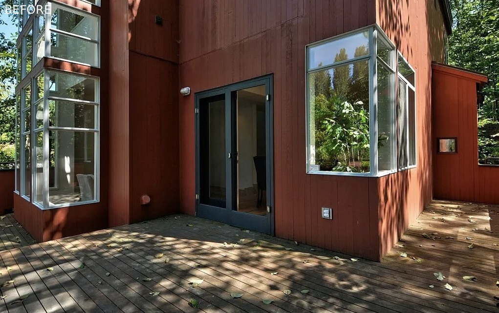 BEFORE - To the west, the redesigned deck becomes an outdoor extension of the main level. Batu wood decking and a custom COR-TEN planter and bench add warmth and privacy. The deck creates a direct line to the forested garden below while expanding the home’s social spaces.