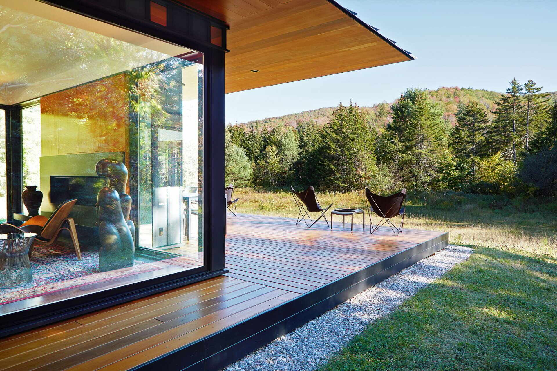 A secluded modern guest house in Vermont by Birdseye Design, featuring a razor-edged black roof and cedar soffits that blend effortlessly with the forest.