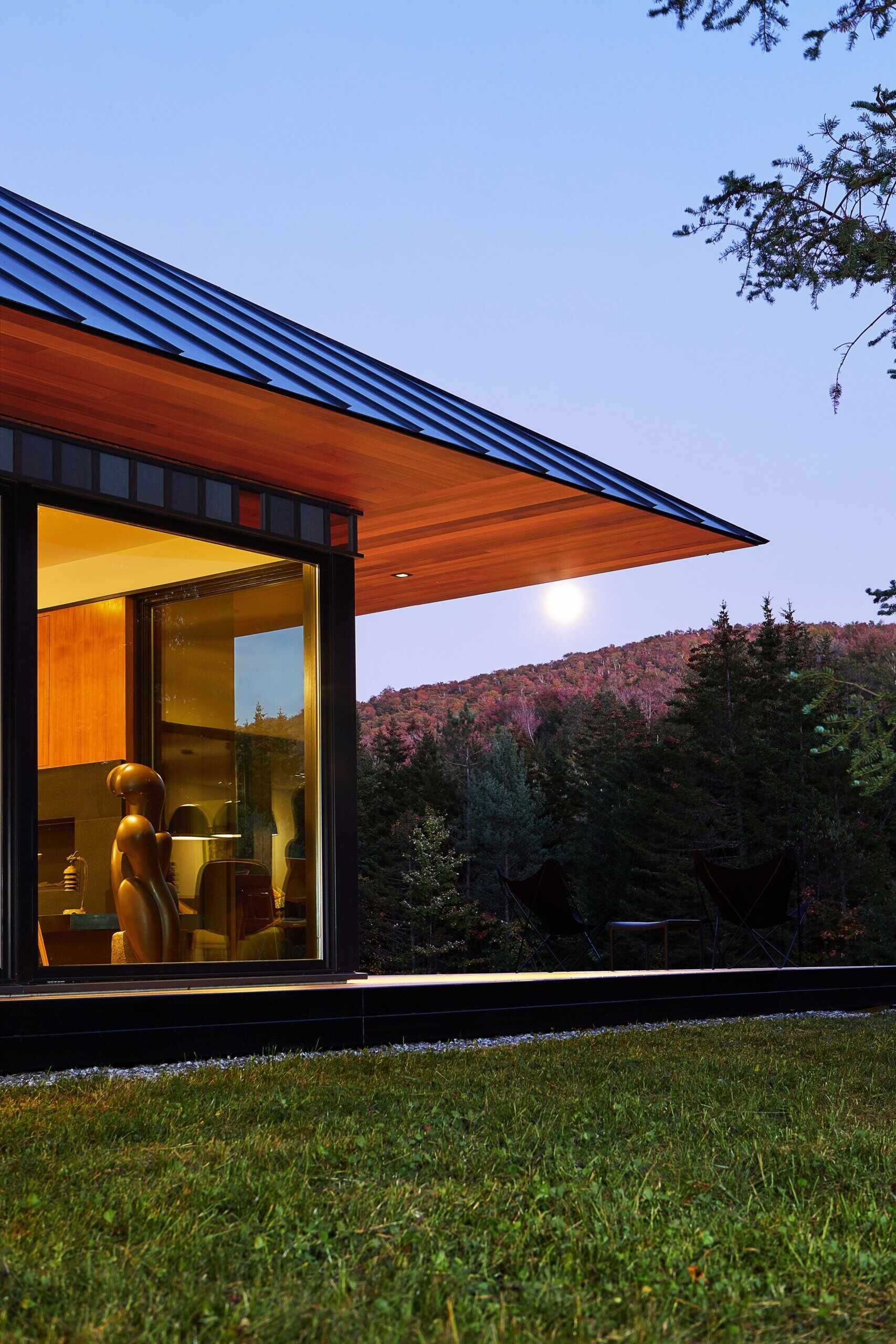 A secluded modern guest house in Vermont by Birdseye Design, featuring a razor-edged black roof and cedar soffits that blend effortlessly with the forest.