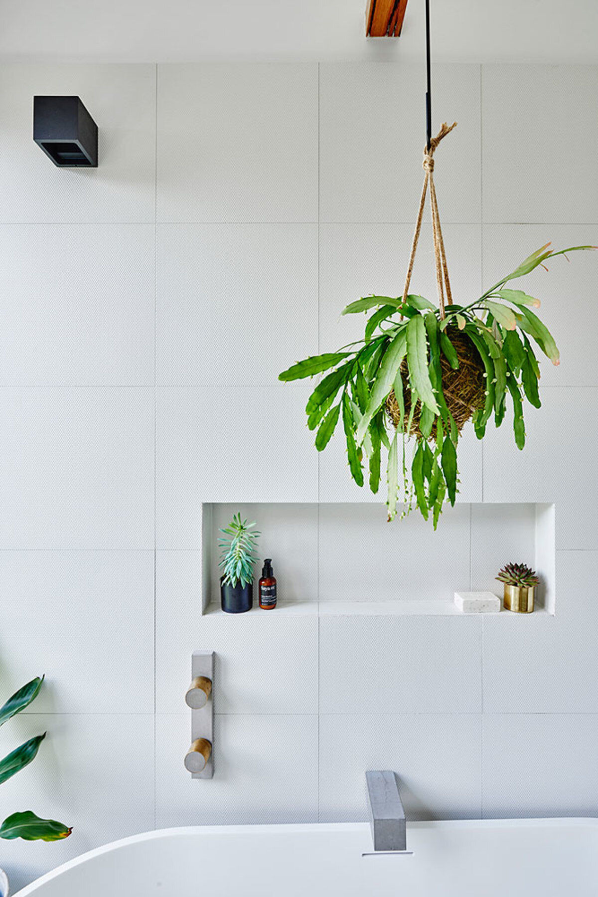A refreshed bathroom with a freestanding bathtub, timber accents and plants for a natural and soothing look.