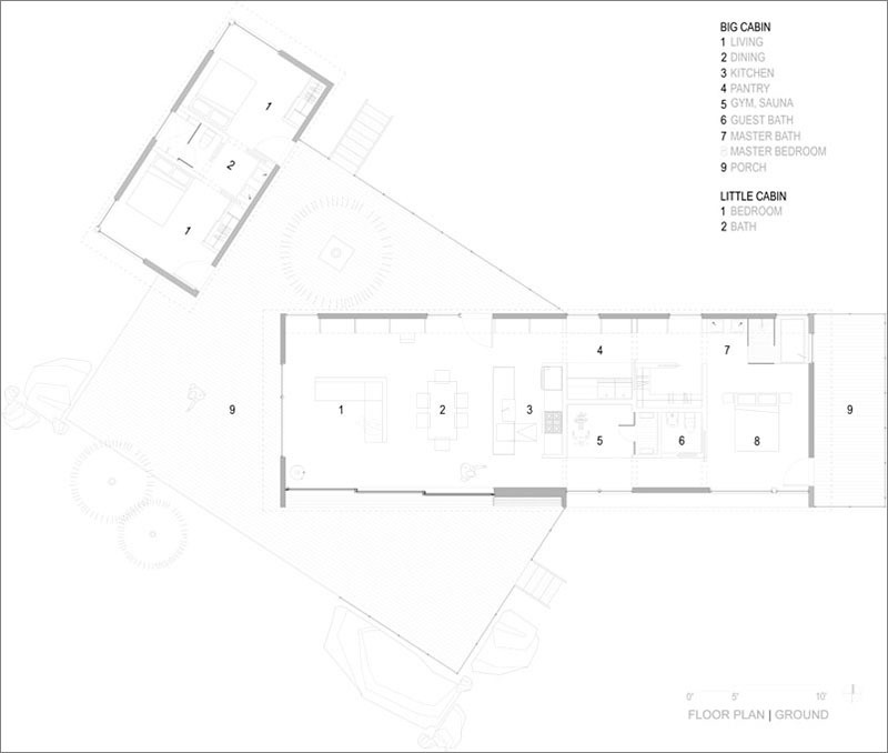 A thoughtful two cabin floor plan balances social spaces with quiet bedrooms for a flexible mountain retreat.