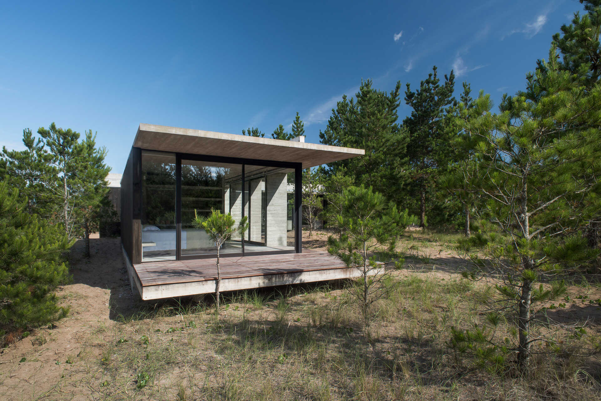 A weathered wood deck blends into the forest and contrasts with the concrete structure for a natural finish.