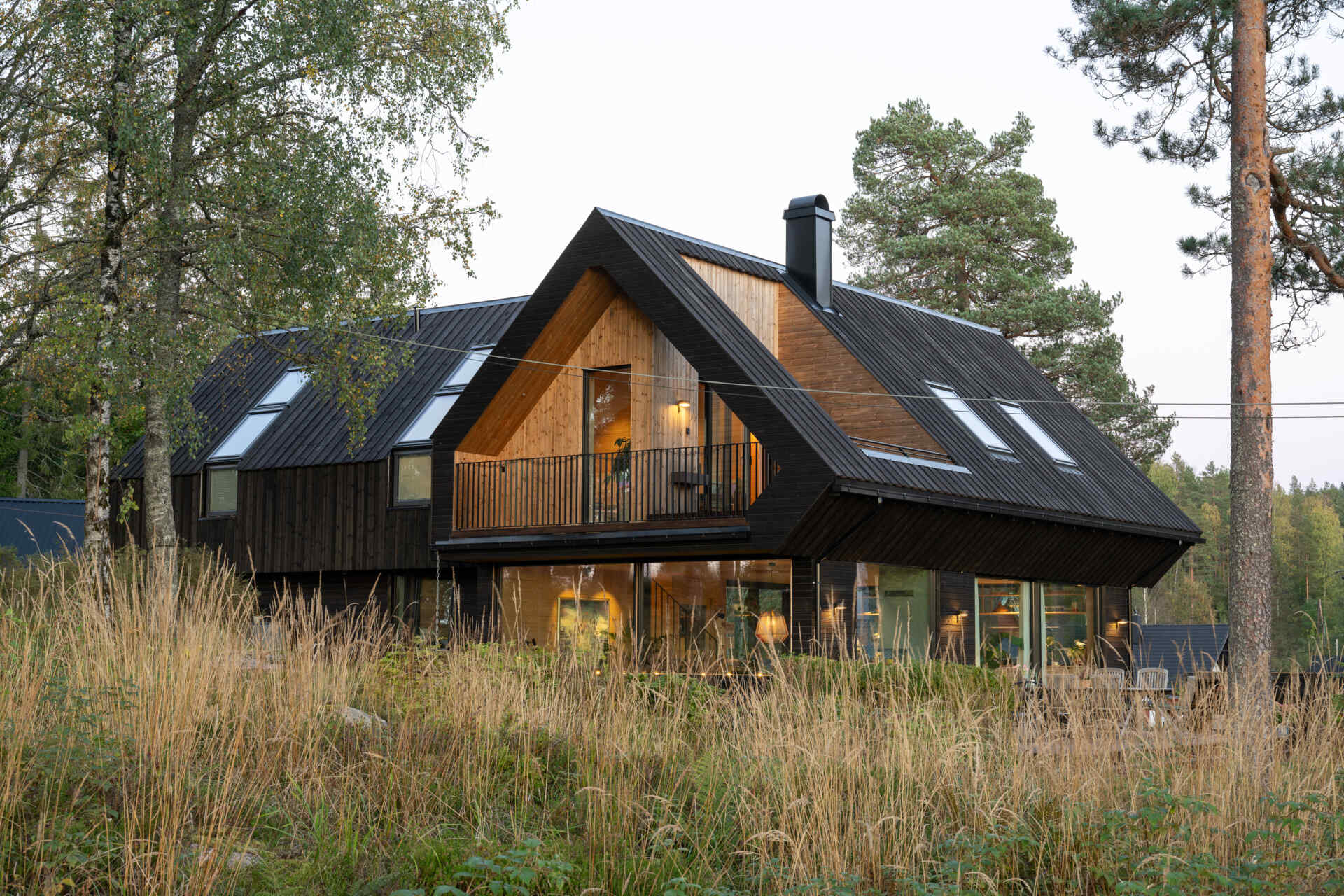 The house features a cross-gabled roof, dark timber cladding, and extended eaves, designed to harmonize with the surrounding pine forest.
