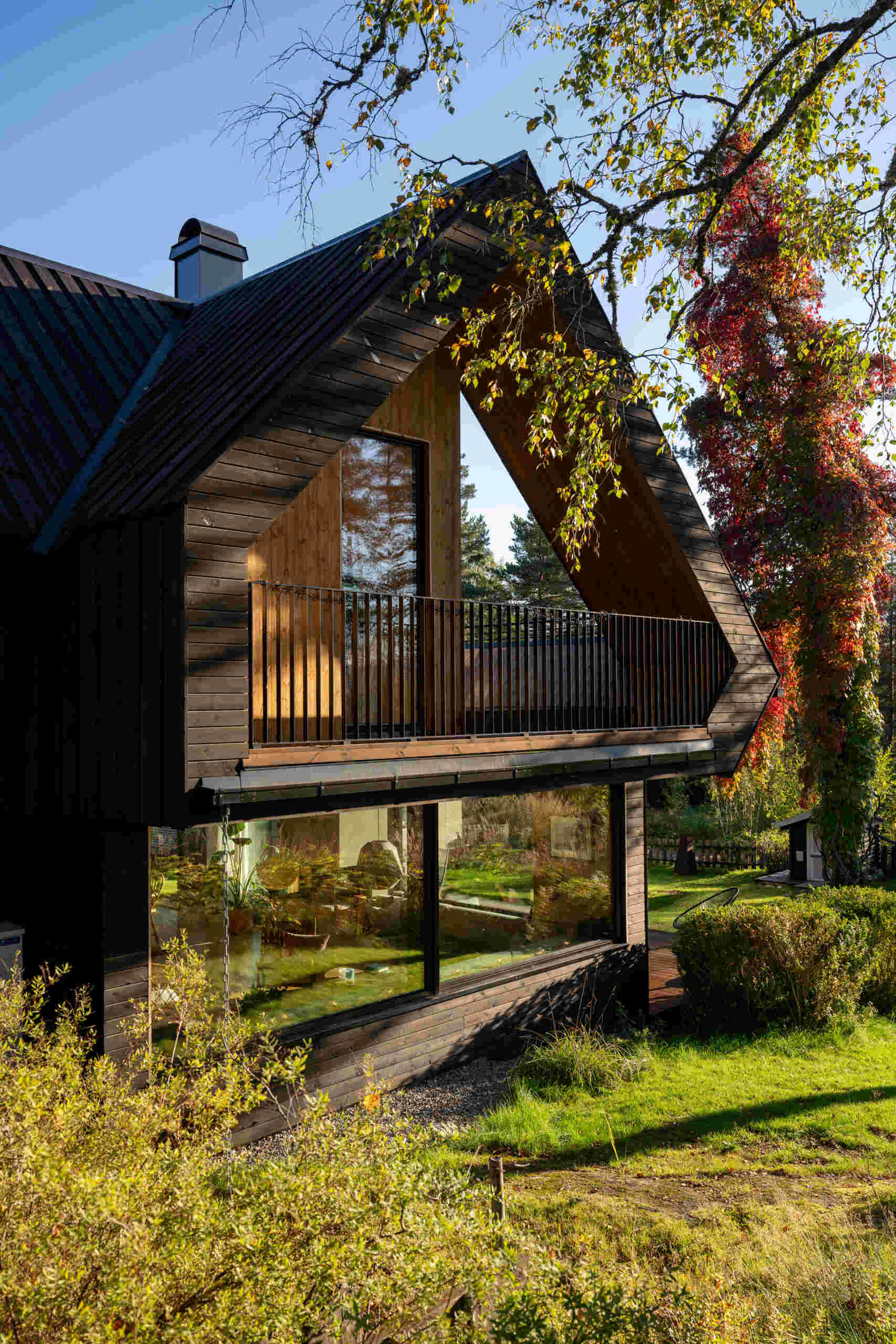 The house features a cross-gabled roof, dark timber cladding, and extended eaves, designed to harmonize with the surrounding pine forest.