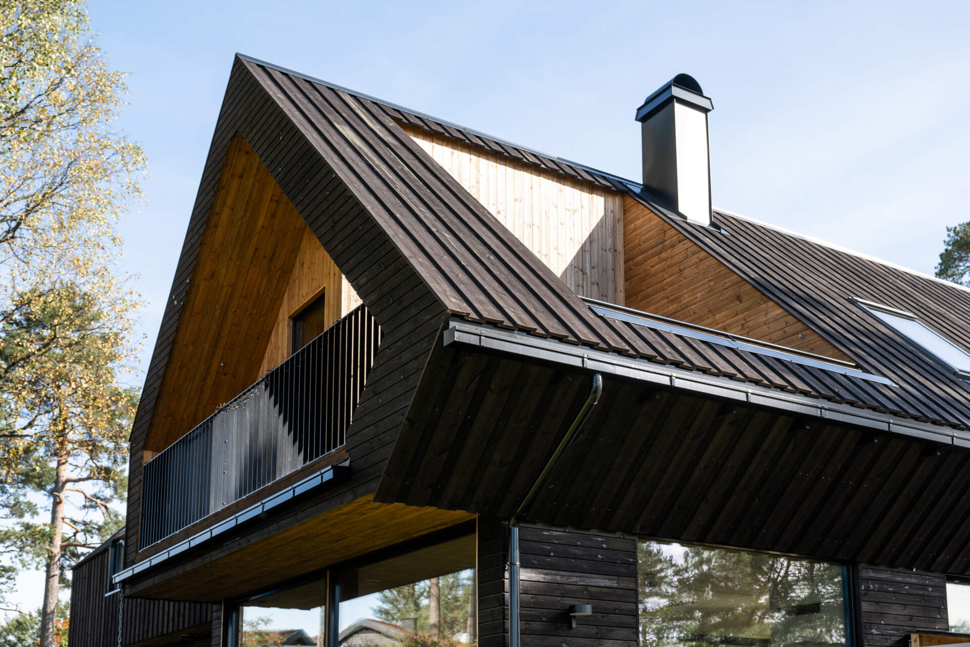 The house features a cross-gabled roof, dark timber cladding, and extended eaves, designed to harmonize with the surrounding pine forest.