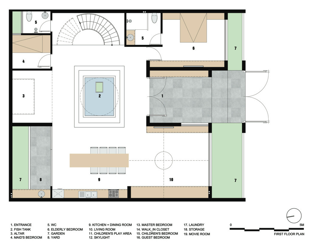 The floor plan for a modern home with an interior koi pond.