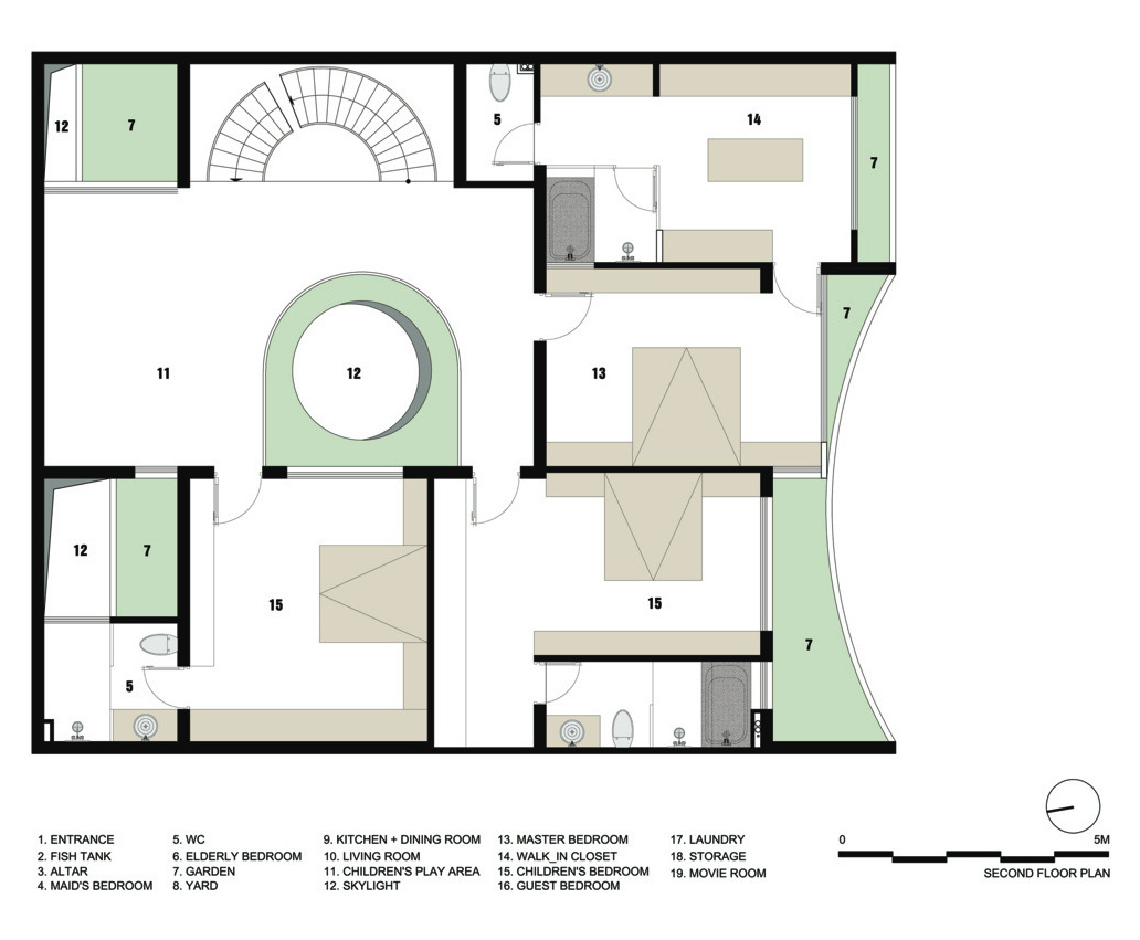 The floor plan for a modern home with an interior koi pond.