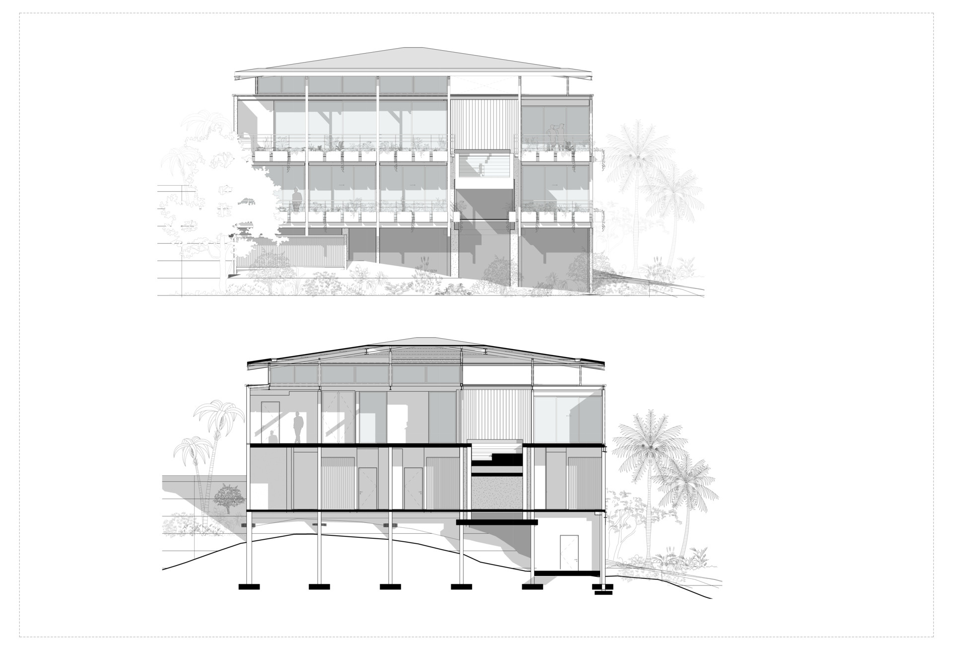 Architectural drawings reveal how the home rises gently with the terrain.