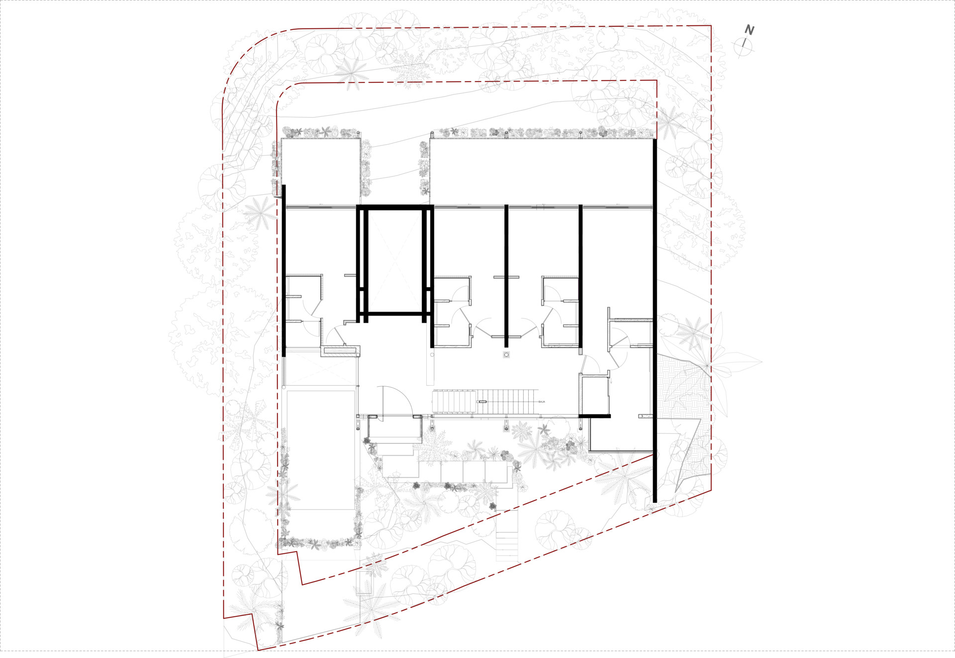 Architectural drawings reveal how the home rises gently with the terrain.