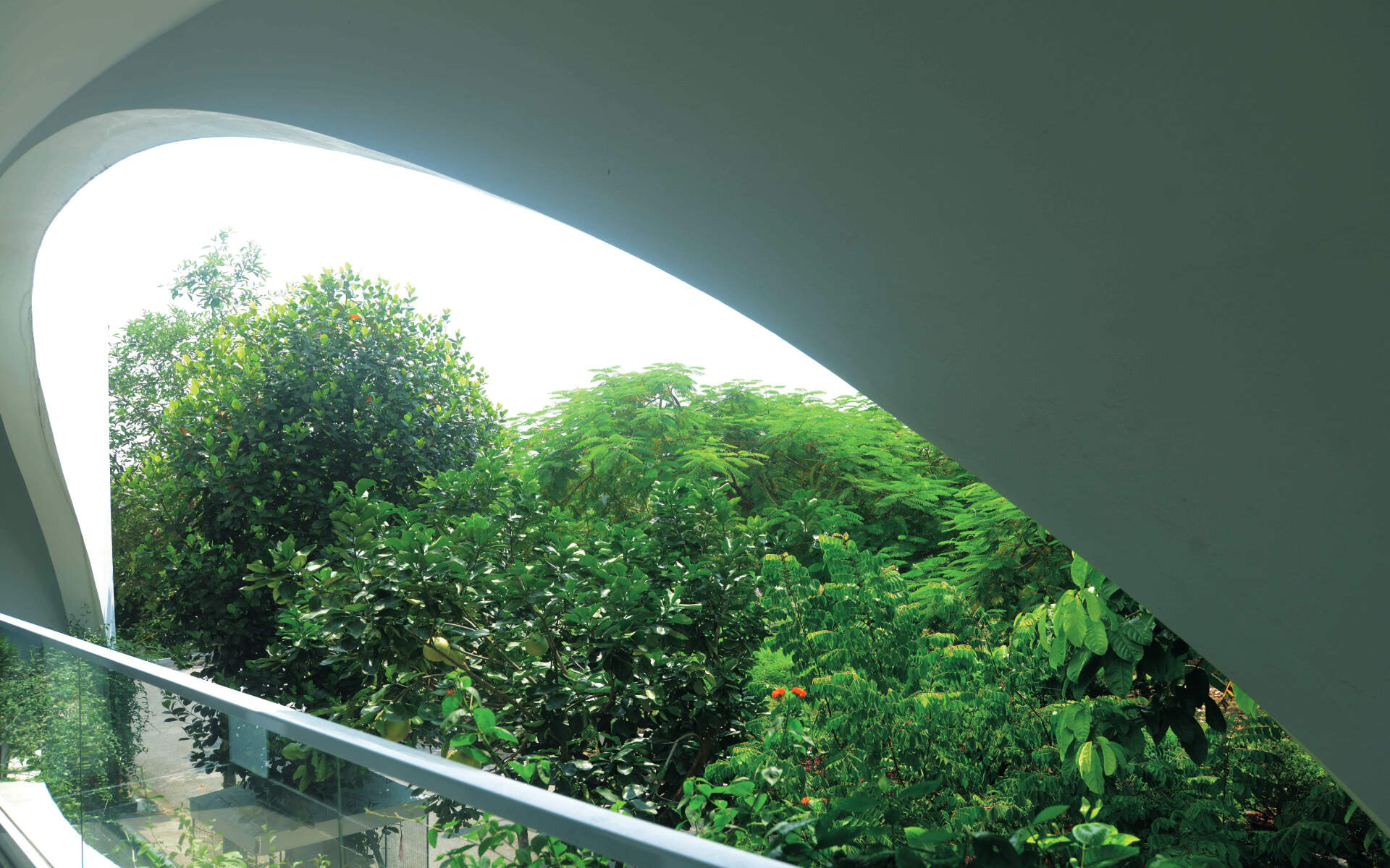 White volumes, curved cuts and filtered daylight create a facade that feels strong yet graceful, glowing softly at night.