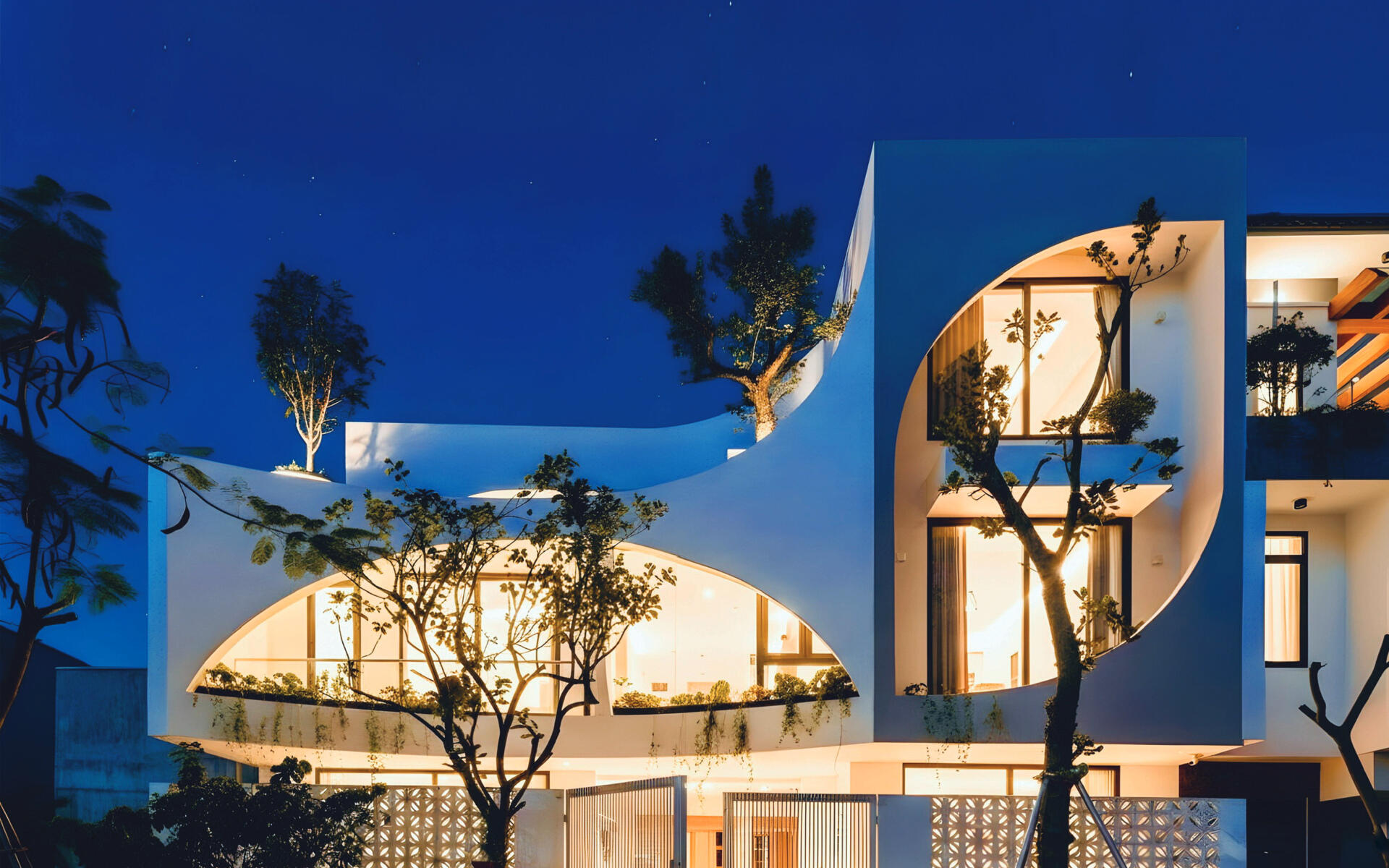 A modern home shaped with soft leaf inspired curves, creating a warm and emotional living space filled with natural light.