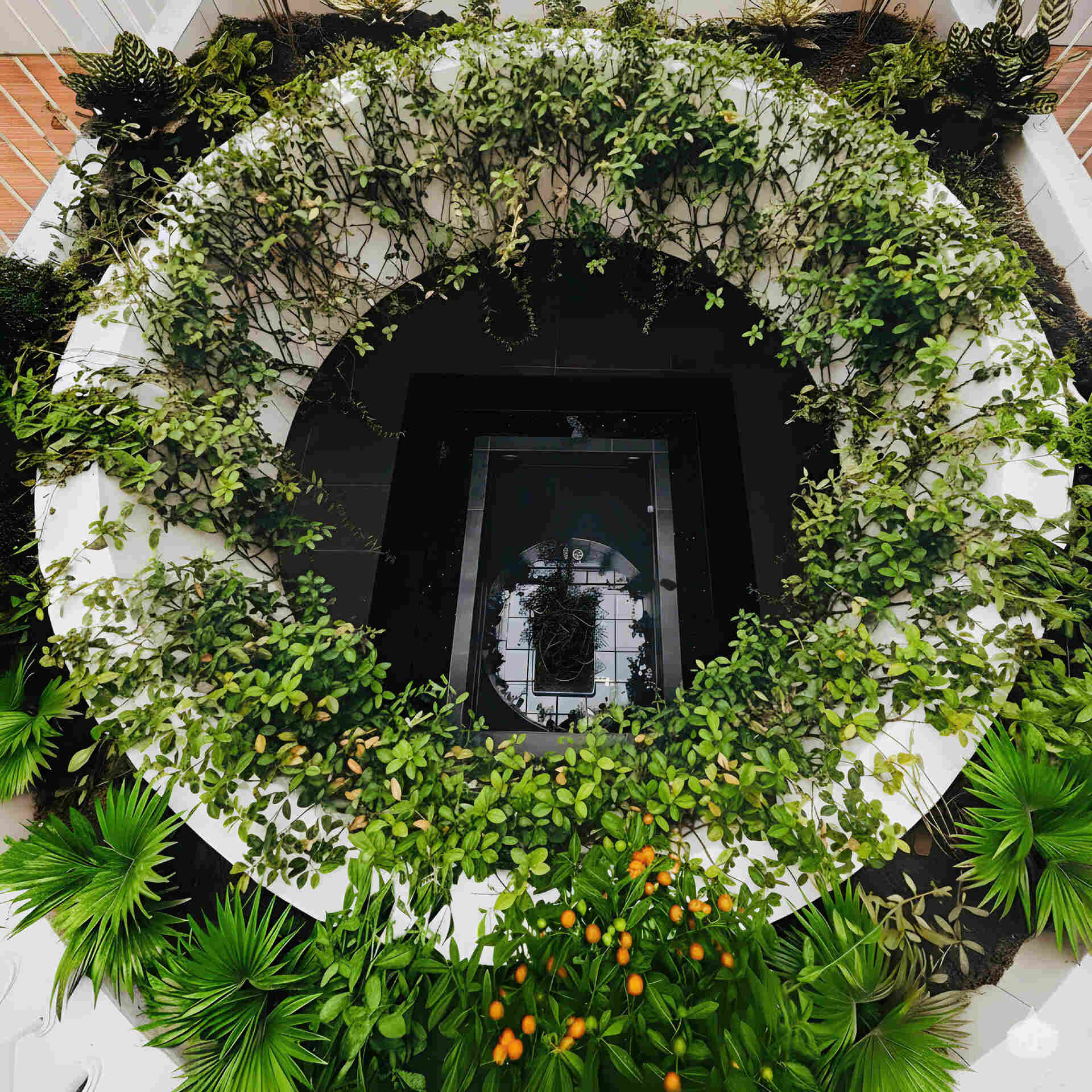 An open interior organized around a calming koi pond with hanging plants, bringing natural ventilation, greenery and light through every space.