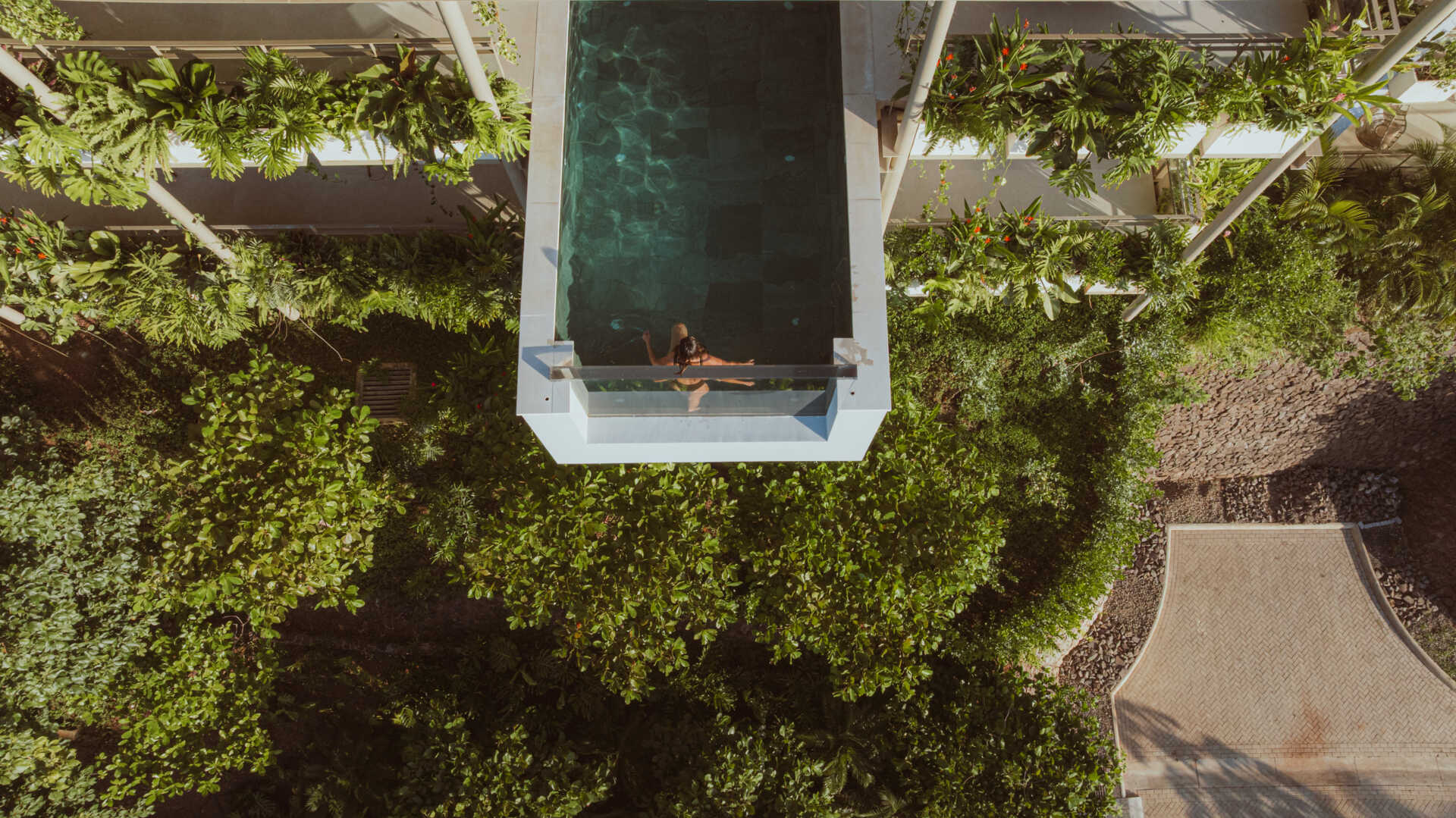 The cantilevered pool extends outward from the second floor, appearing to float in the canopy. Its position emphasizes the feeling of elevation the architecture is built around. As the water meets the edge, the view becomes a seamless extension of the home.