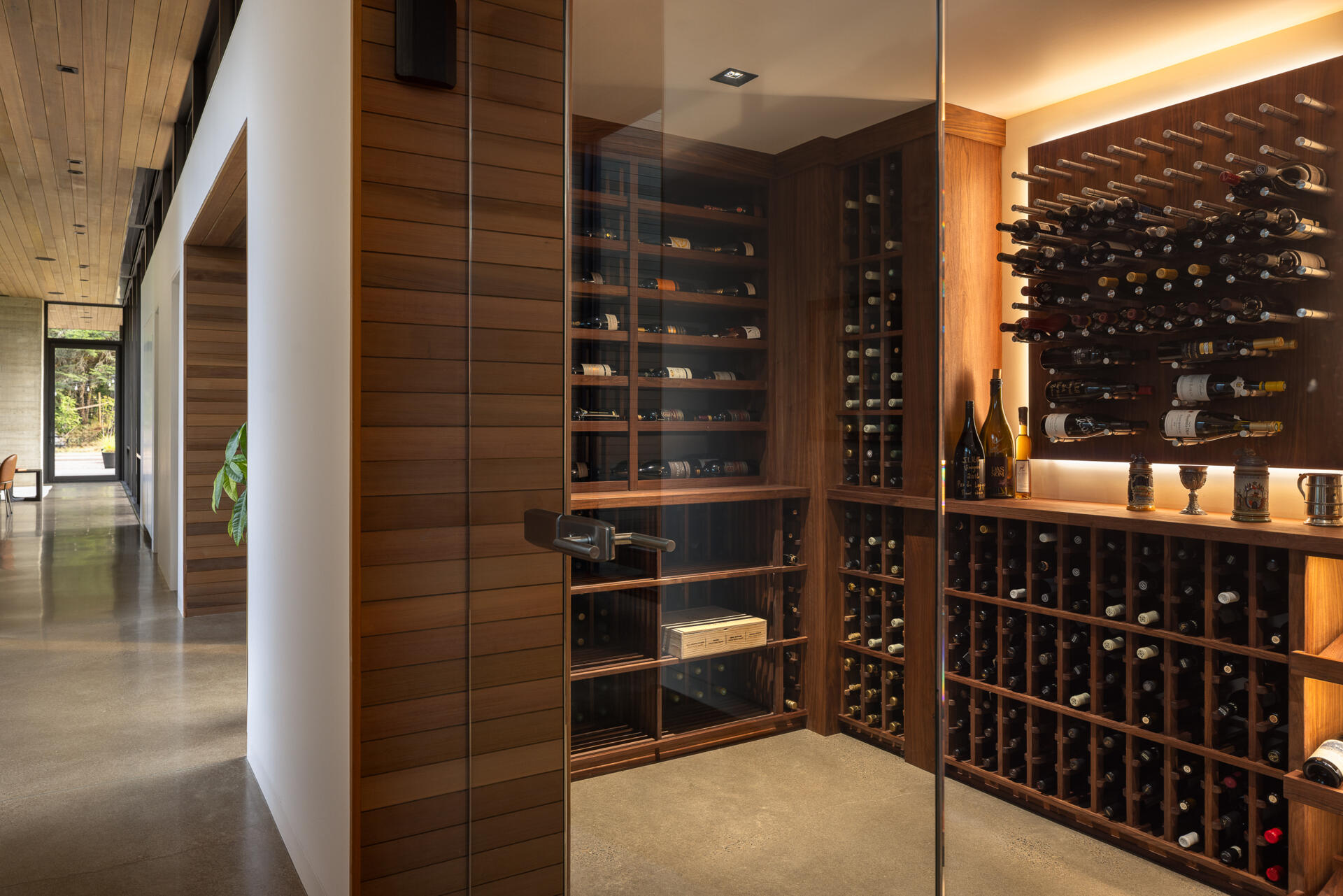 A modern home on a vineyard has a built-in wine cellar.