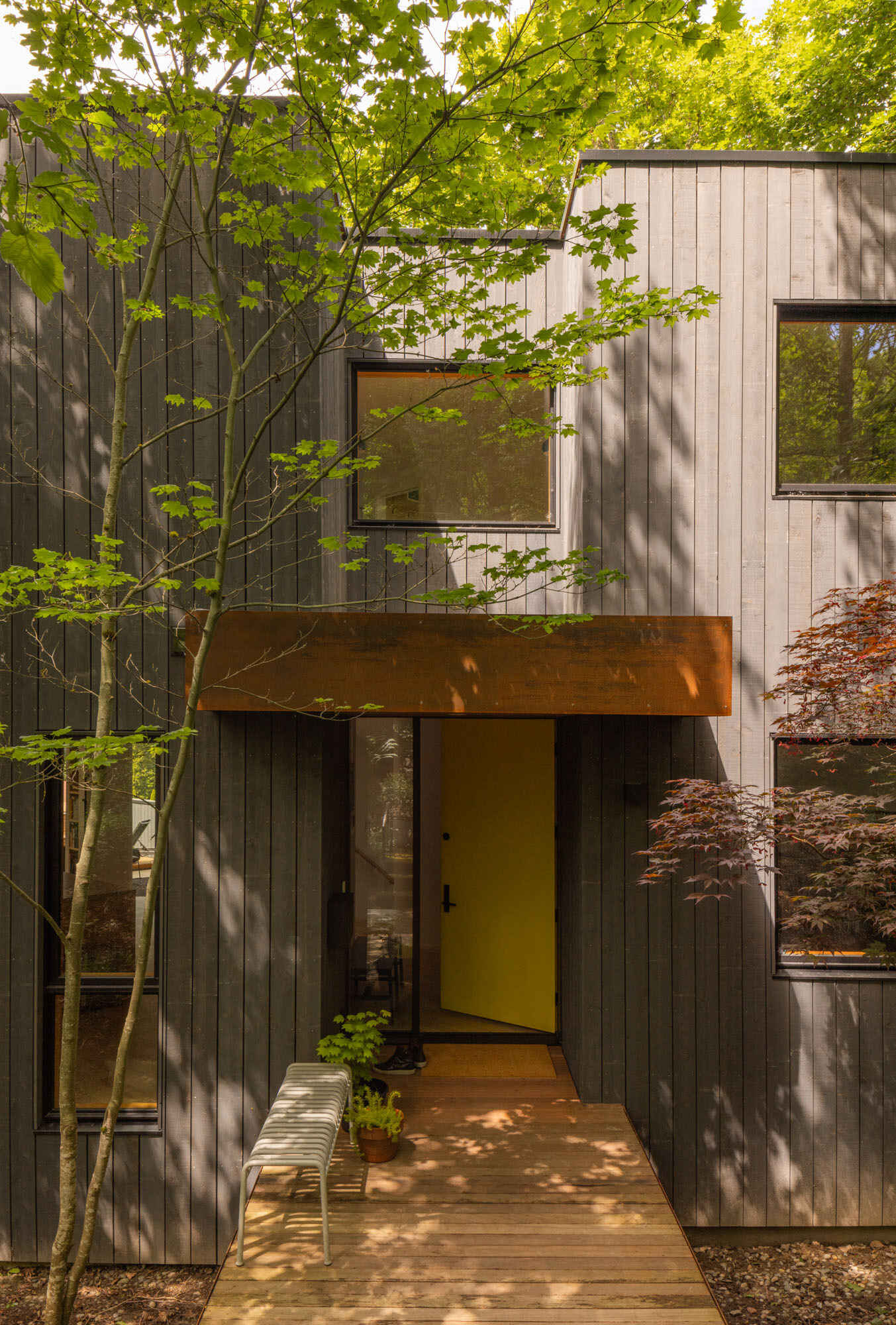 A winding path approaches from the east, weaving between alder trees before rising to an elevated deck that meets the front porch, where a soft yellow front door greets visitors. Natural light filters through dense greenery to the south, creating a soft welcome as you enter.