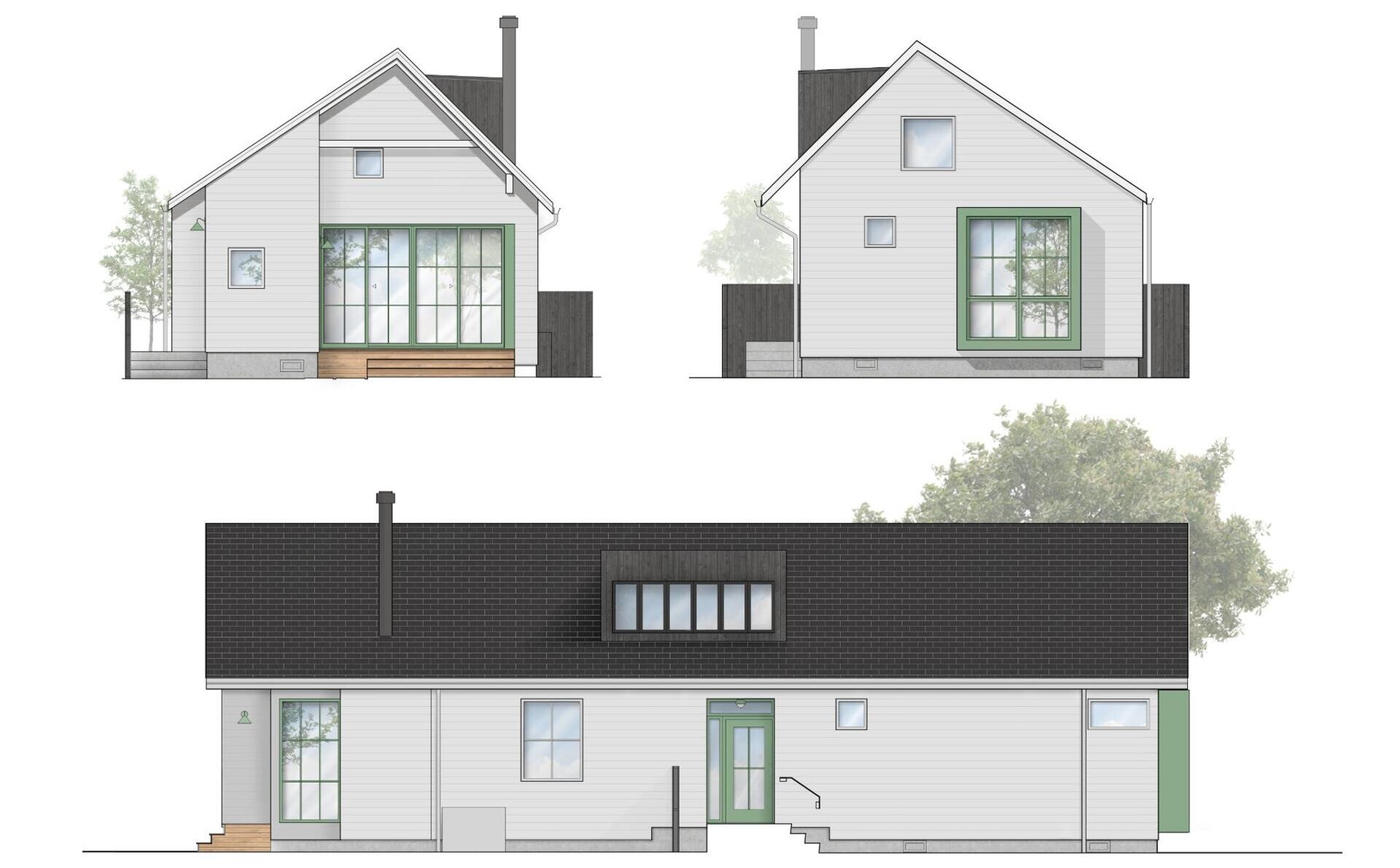 Dibujos arquitectónicos de una pequeña casa en Seattle que combina diseño moderno y tradicional.