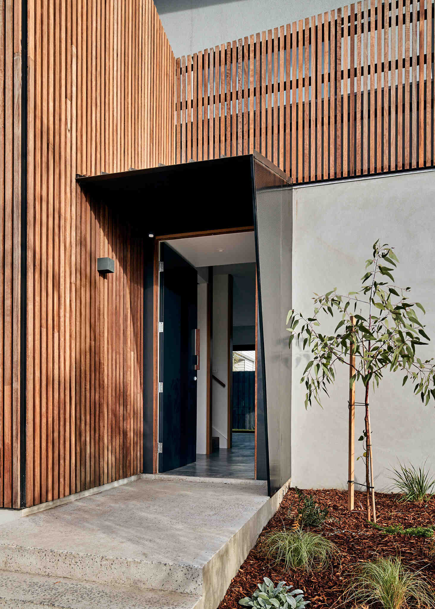 A sculptural entry canopy meets a timber screen, creating a welcoming and understated entrance.