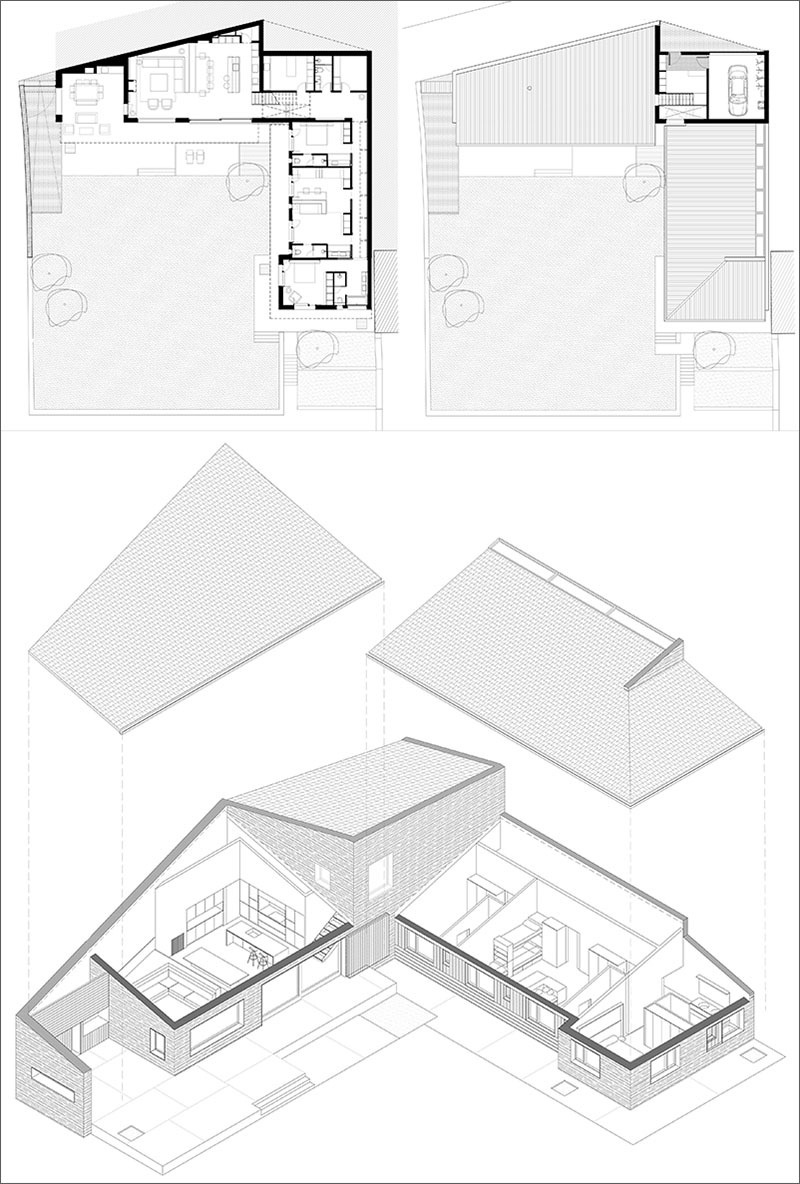 A look at the floor plan reveals an L-shaped layout designed to connect indoor spaces with the garden and landscape.