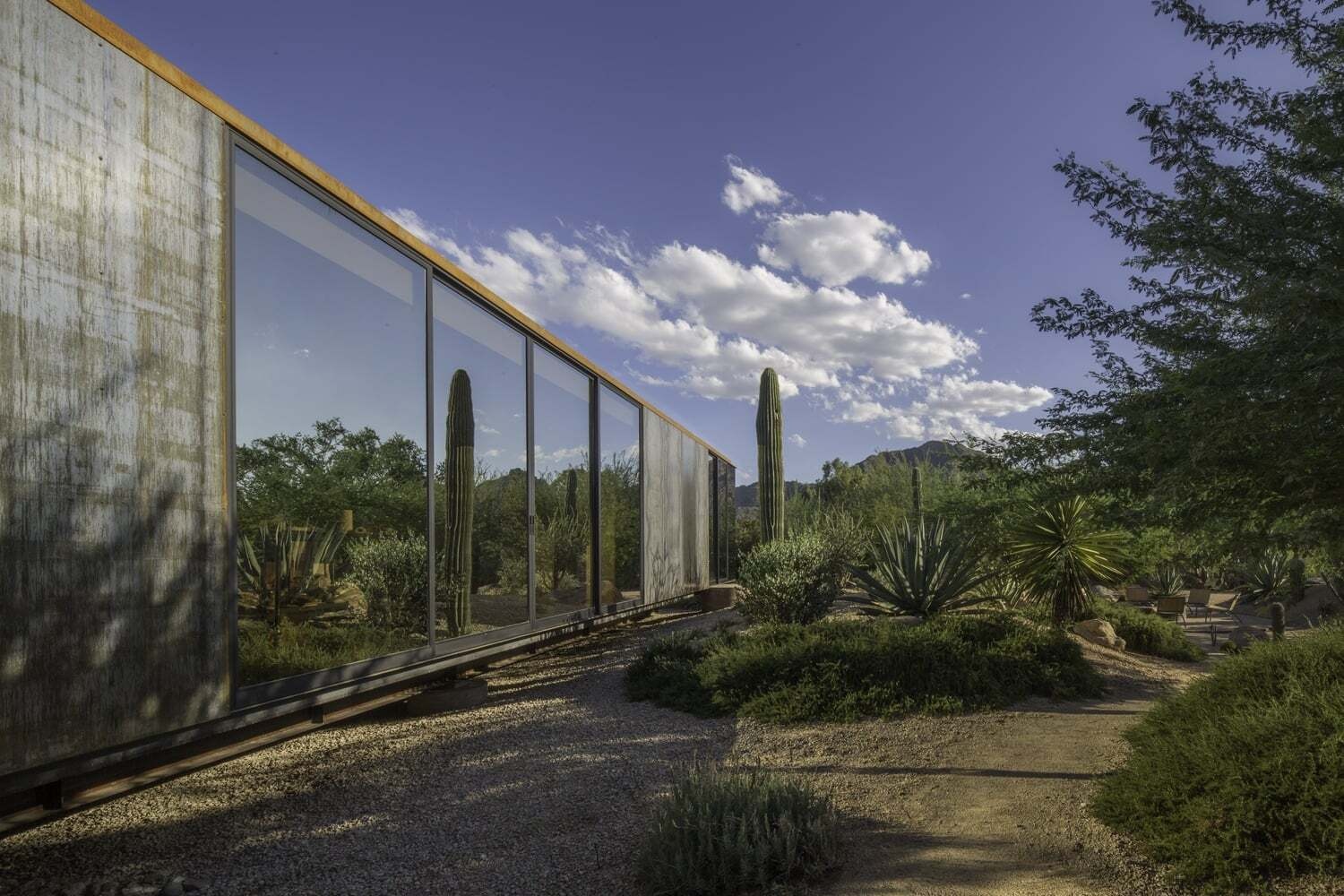 Reflective glazing and standard steel panels help this desert studio balance efficiency, performance, and visual restraint.