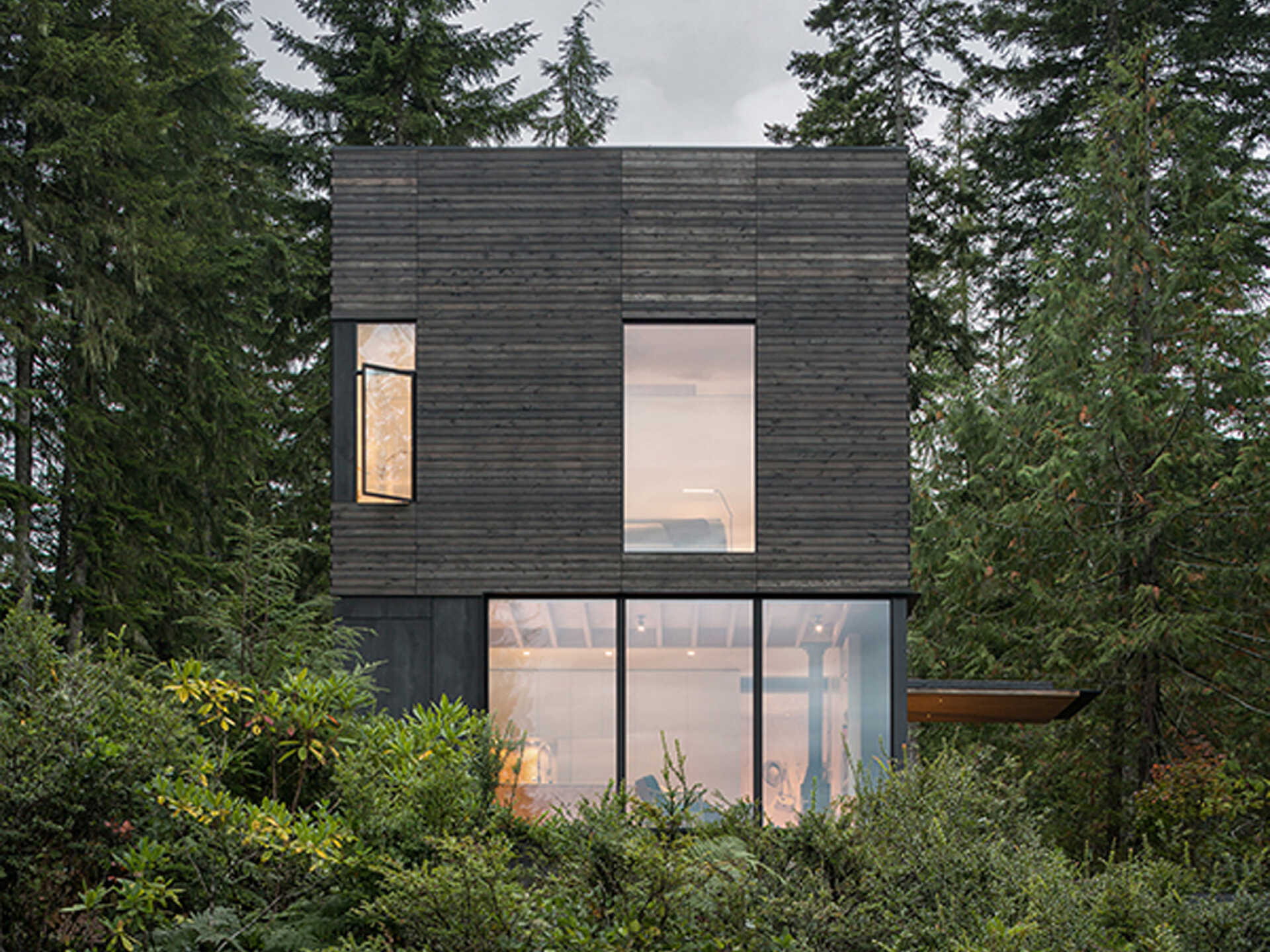A compact forest cabin showcasing dark timber cladding and modern design that blends into the trees.
