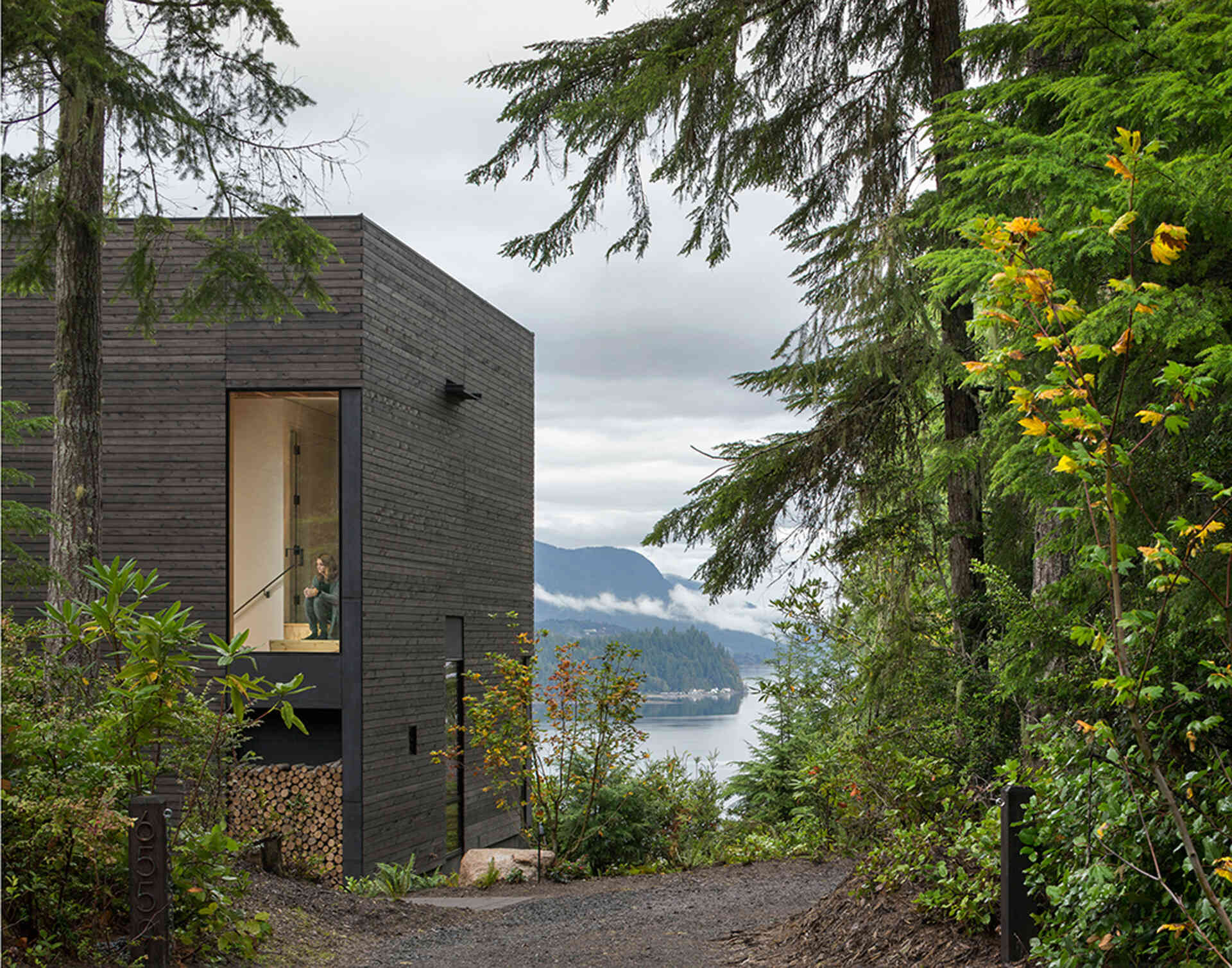 A compact forest cabin showcasing dark timber cladding and modern design that blends into the trees.