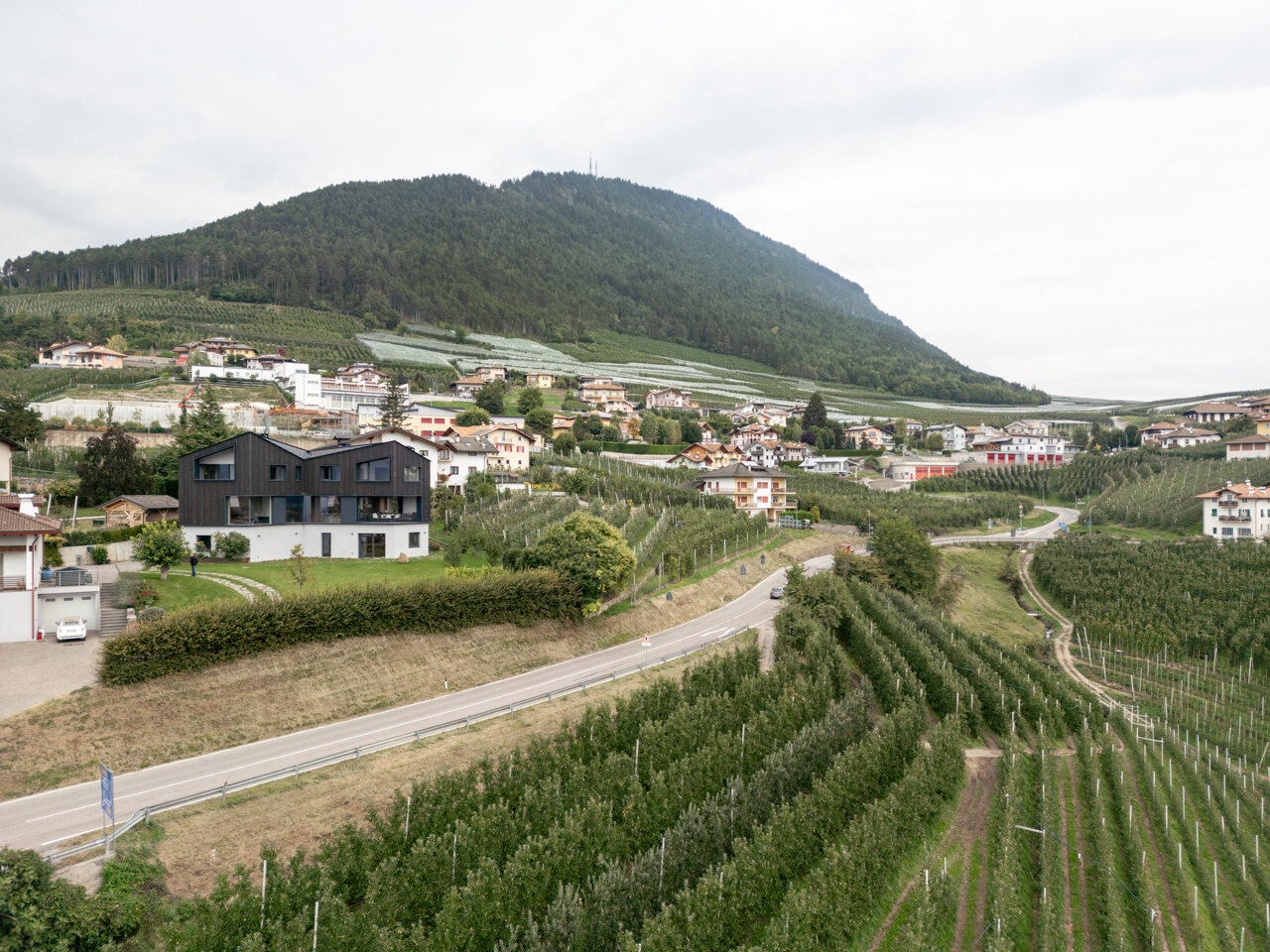 Black larch wood cladding gives this Italian hillside home a striking presence among apple orchards while staying rooted in local tradition.
