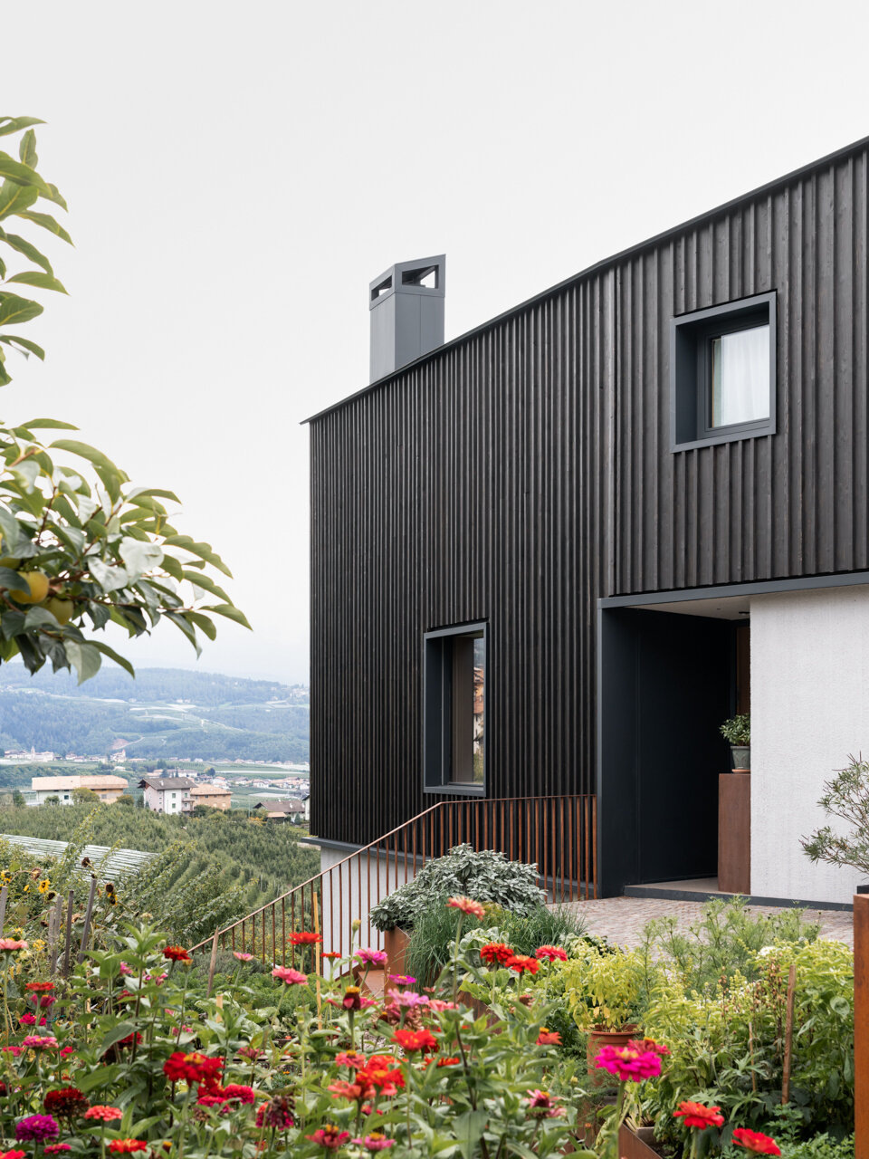Black larch wood cladding gives this Italian hillside home a striking presence among apple orchards while staying rooted in local tradition.