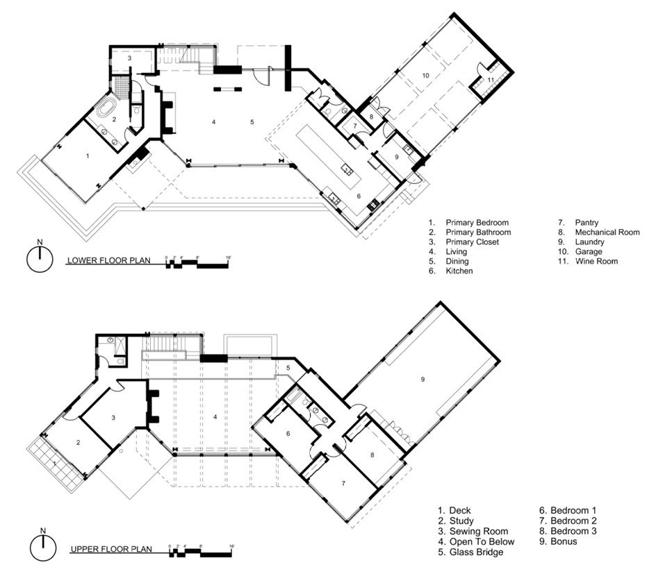 The floor plan of a modern waterfront home.