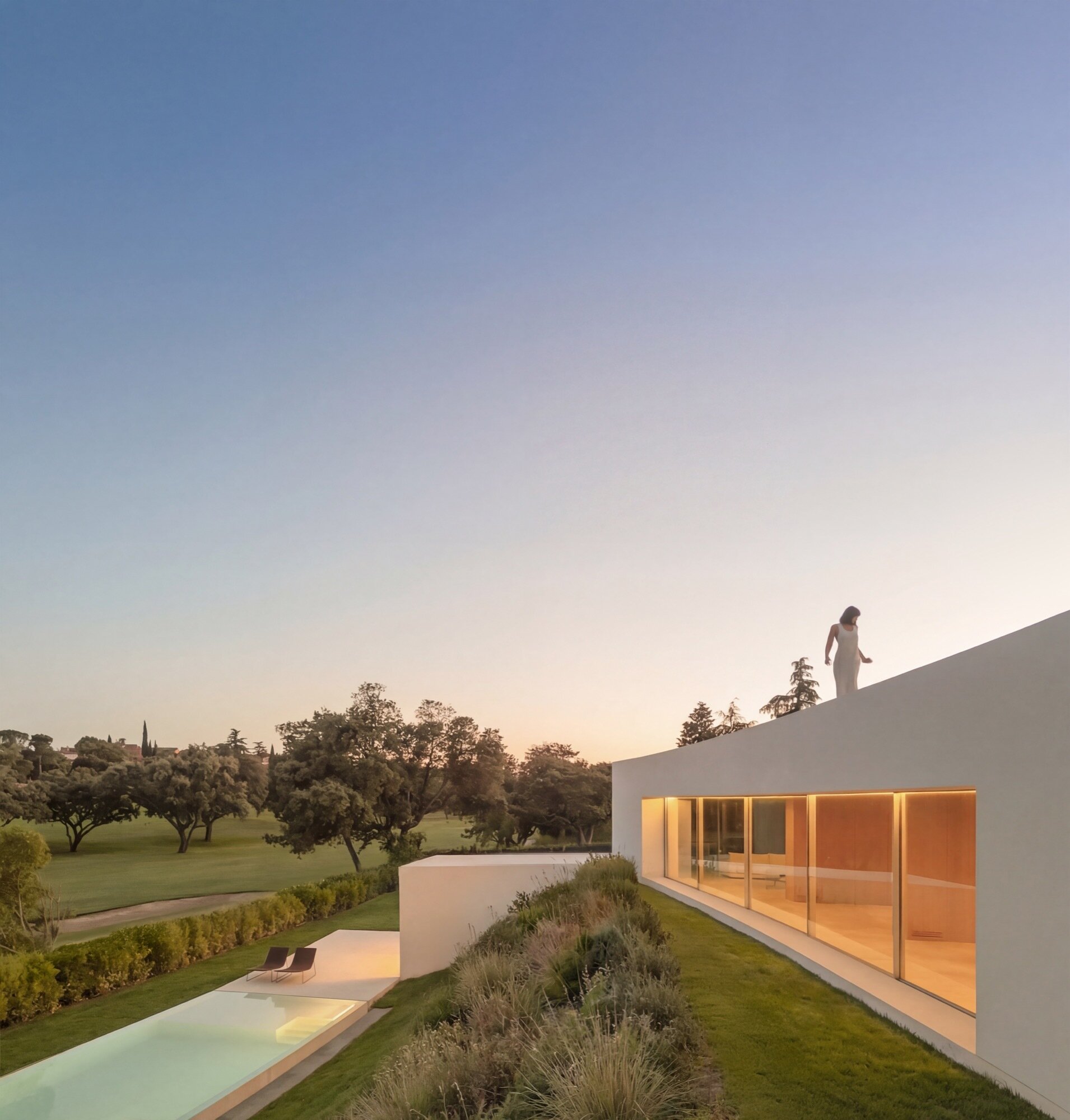 The swimming pool sits on the lowest level of the house, anchoring the start of the ascending architectural layout.
