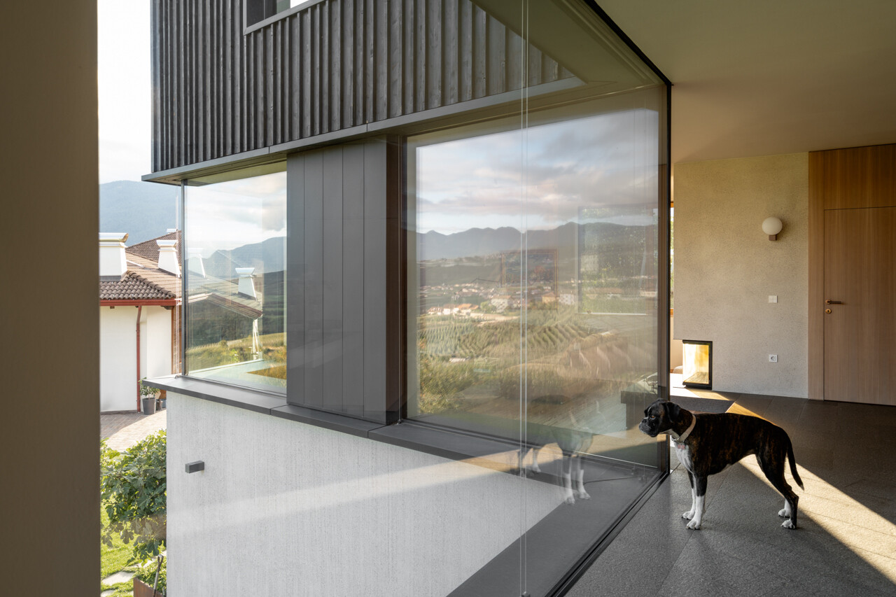 Porphyry stone paving and a custom larch door detail mark the transition from orchard landscape to contemporary interior.