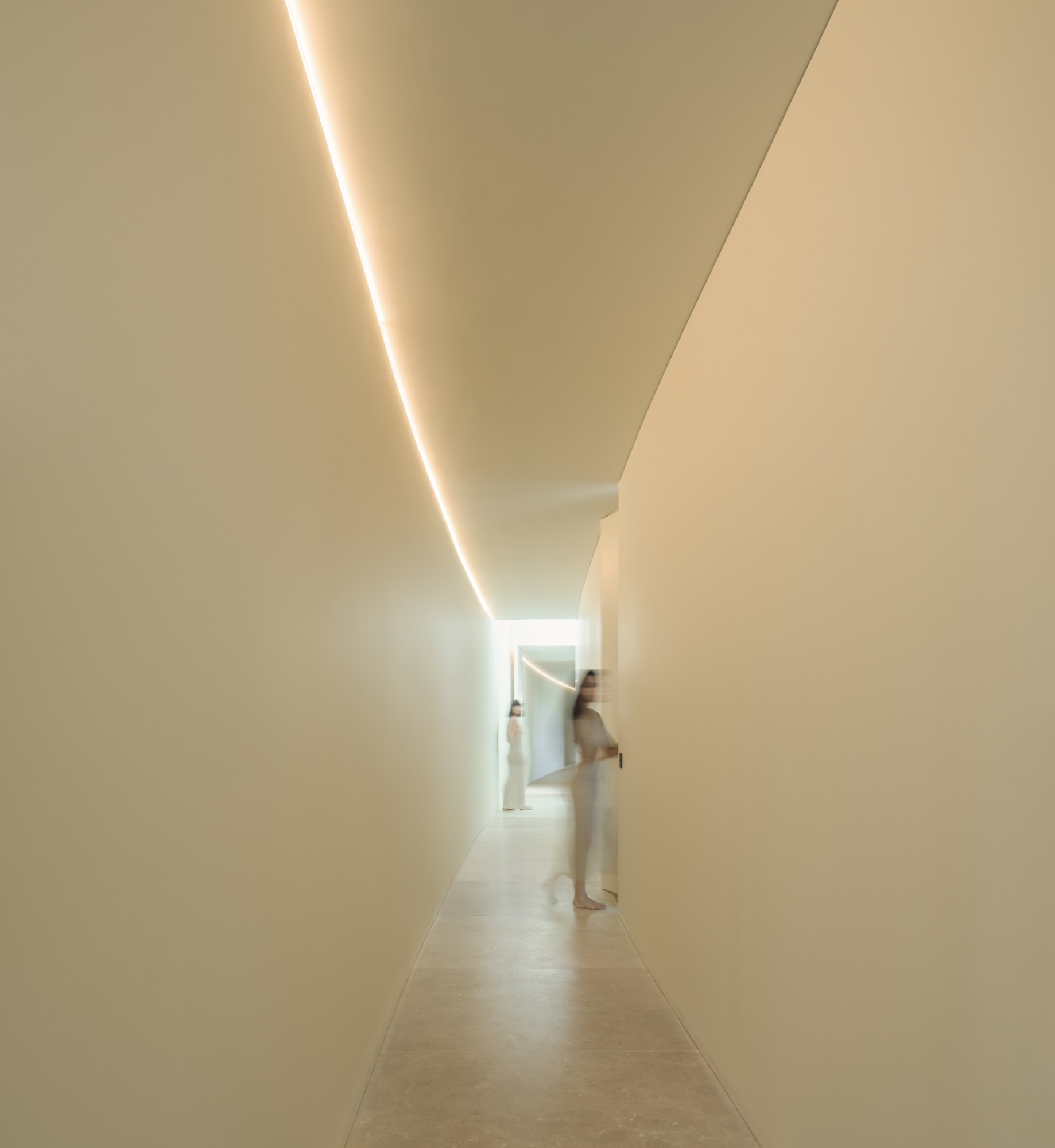 In this minimalist home, hallways are shaped by curved volumes, turning them into active connectors rather than leftover space.