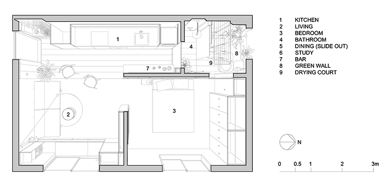 The floor plan reveals the many hidden features that allow this small apartment to function like a much larger home.