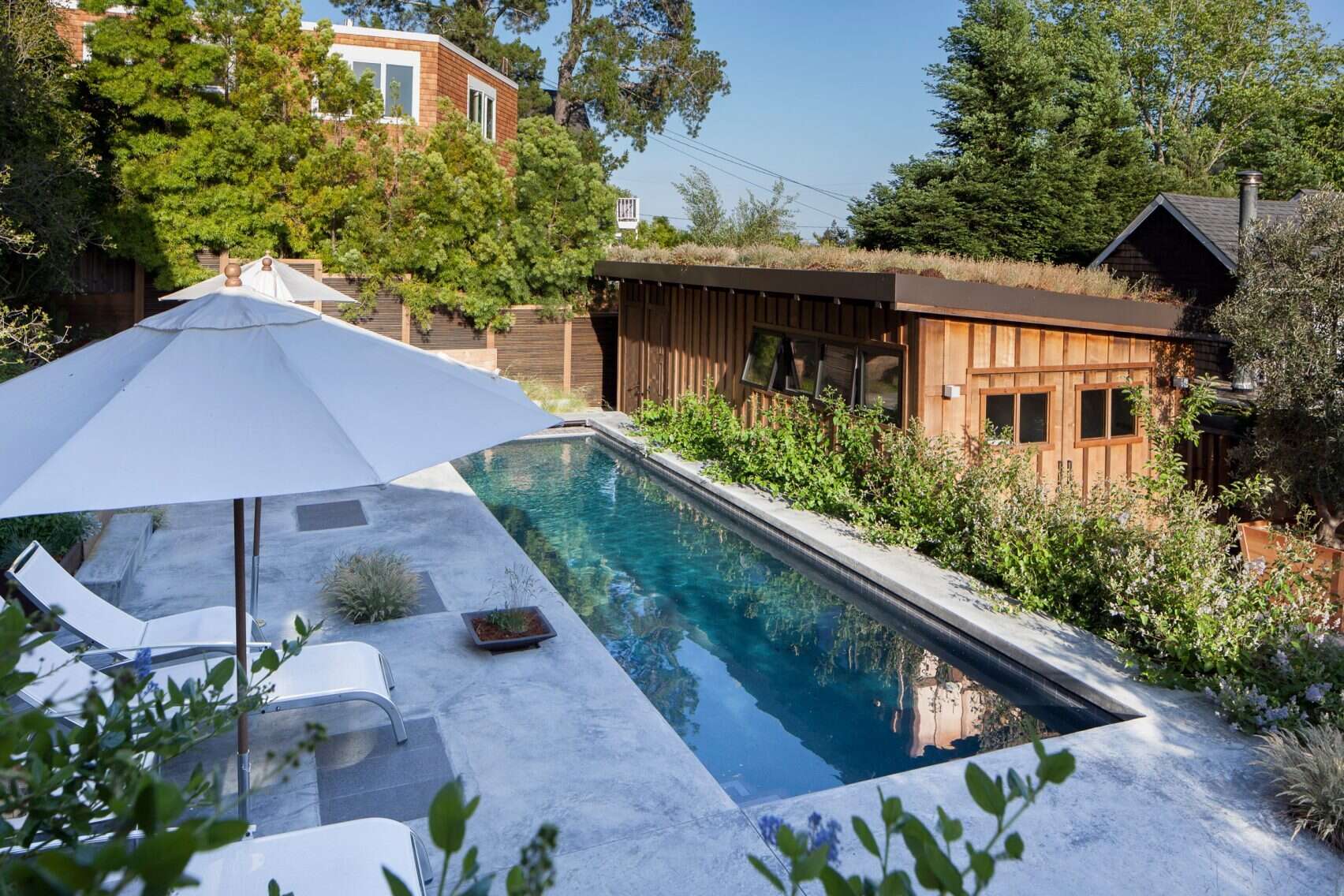 The new garage mirrors the addition’s siding and features a green roof that blends seamlessly with the landscape.